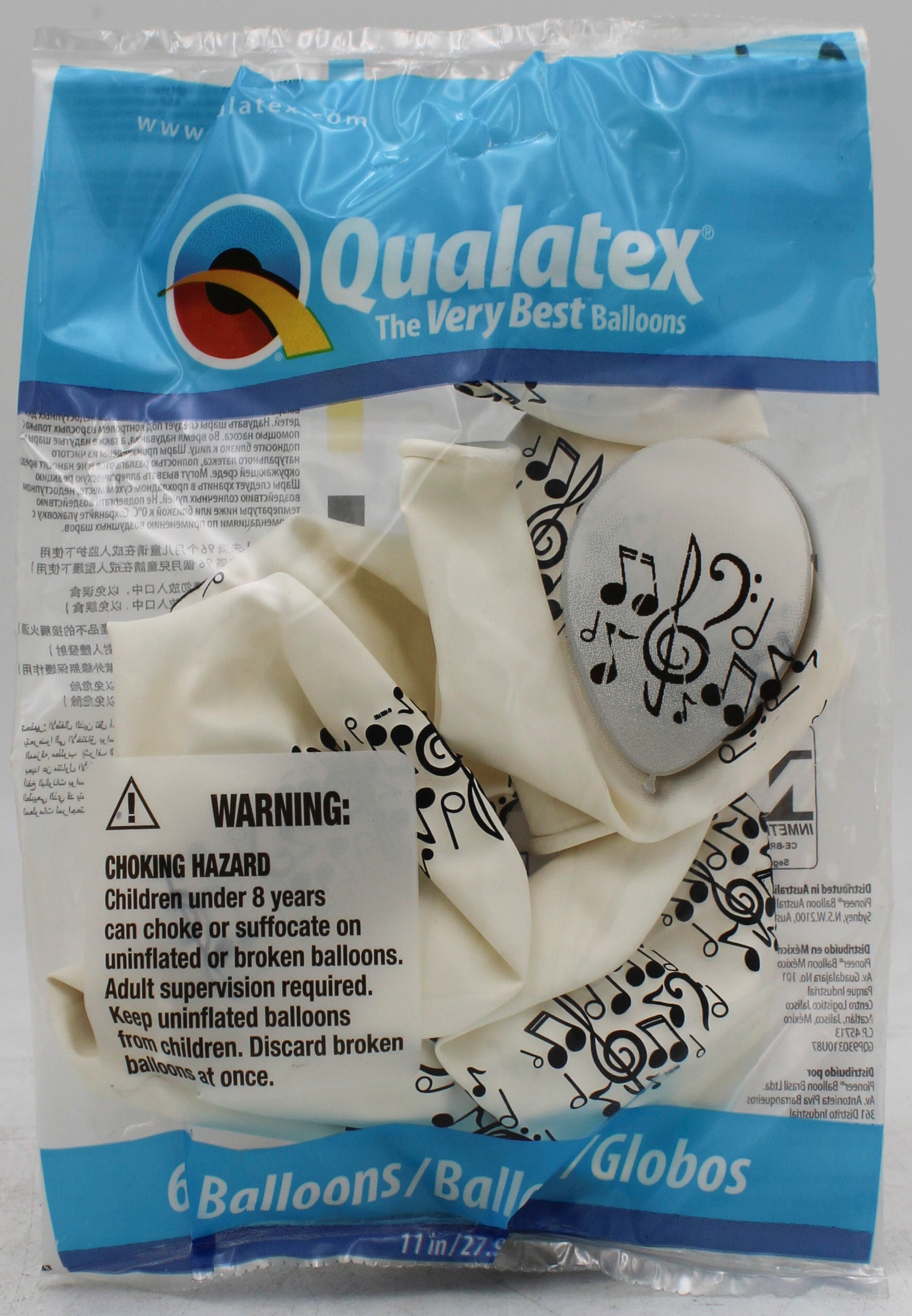 QUALATEX 11" ROUND PARTY BALLOONS WHITE 6CT MUSIC NOTES WRAP