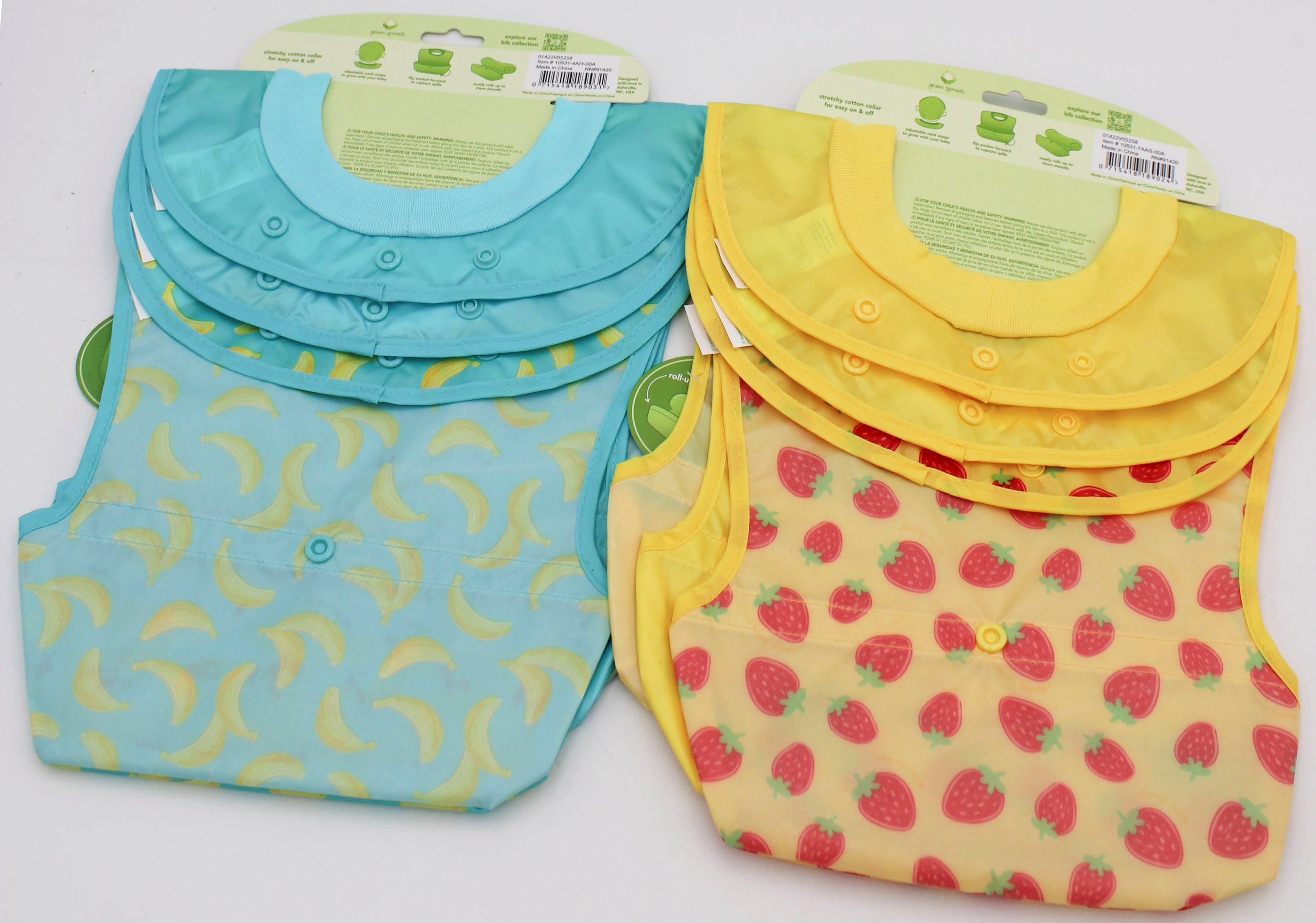 O2COOL 3PK SNAP & GO EASY-WEAR PULL-OVER BIB -YELLOW BERRIES & AQUA BANANAS  6MO-3T NI