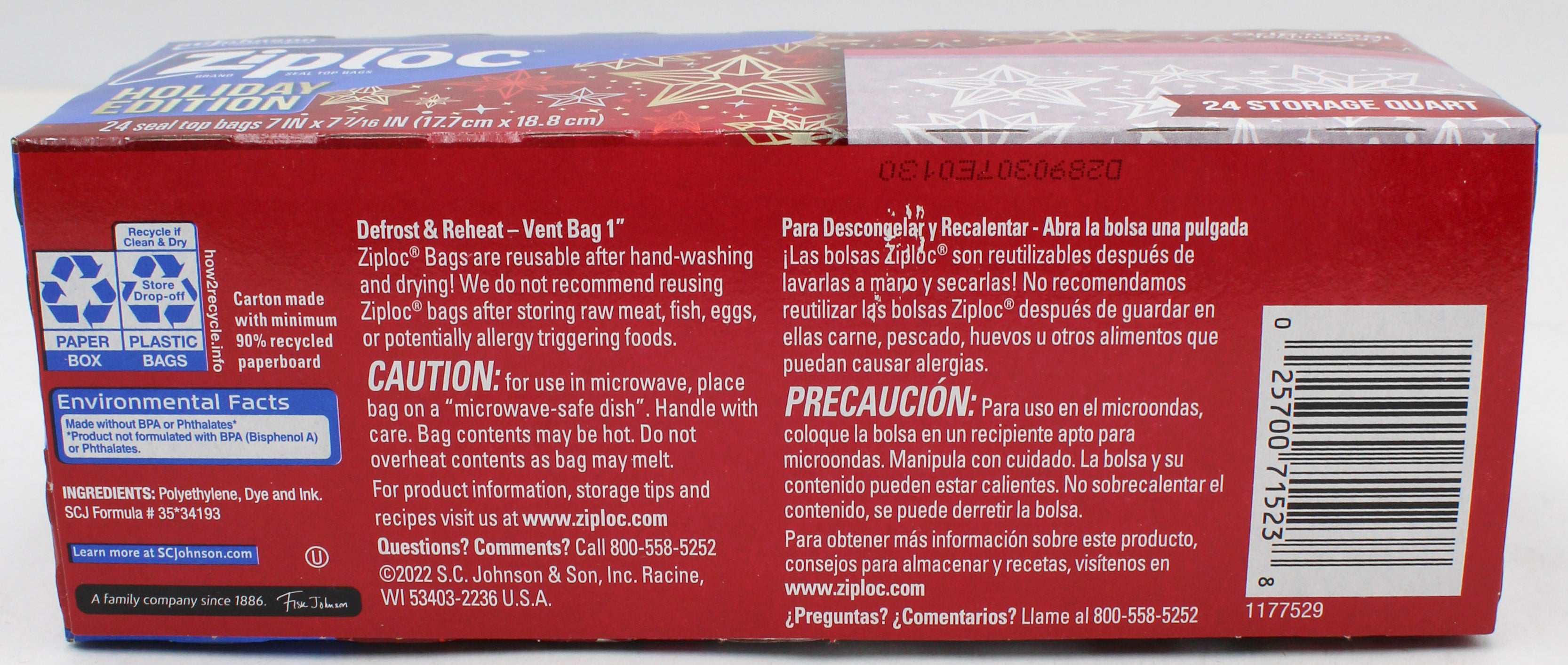 ZIPLOC HOLIDAY STORAGE QUART 24ct