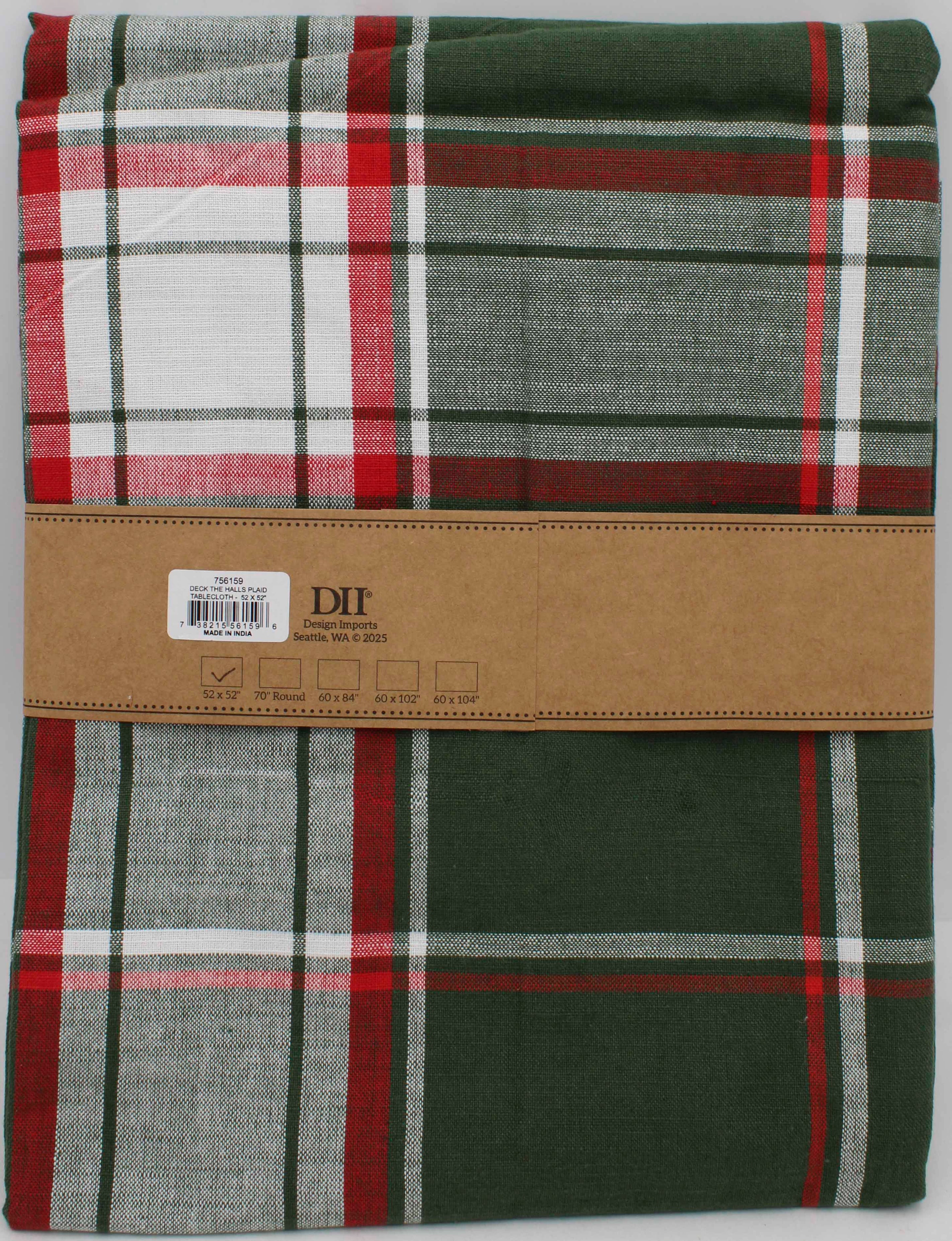 TABLECLOTH -  52 X 52 DECK THE HALLS PLAID