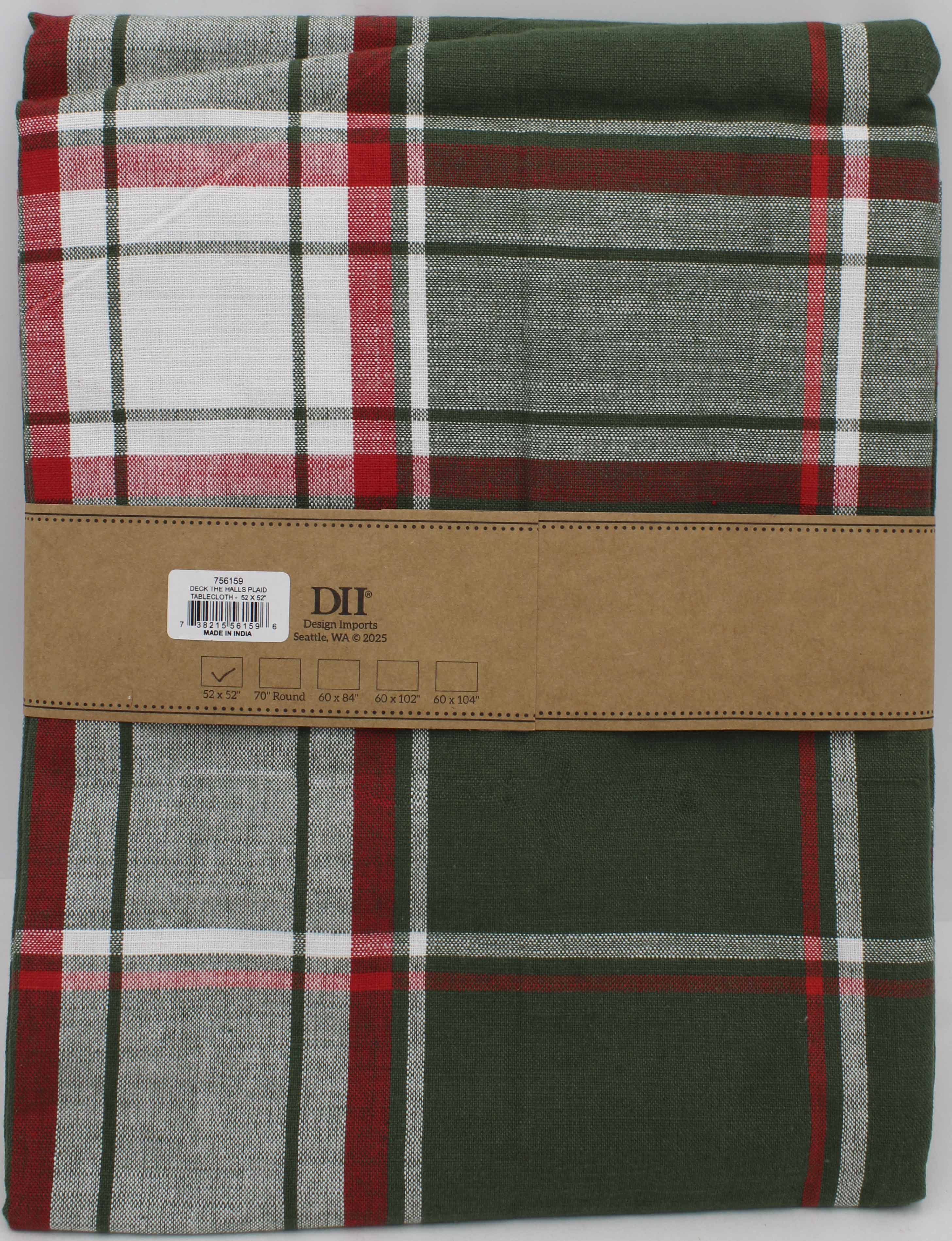 TABLECLOTH -  52 X 52 DECK THE HALLS PLAID