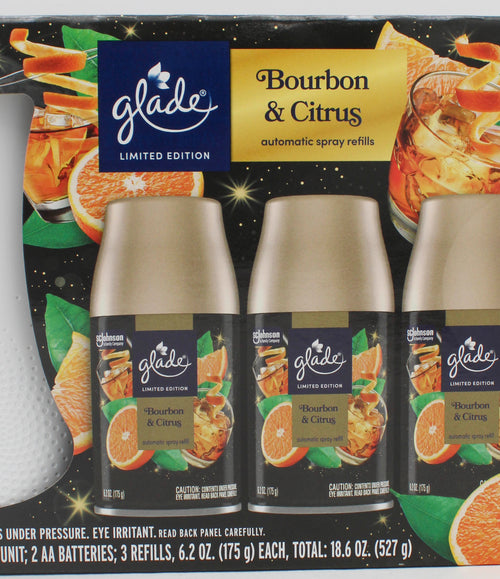 GLADE AUTOMATIC SPRAY KIT BOURBON & CITRUS 1 SPRAYER + 3 REFILLS 6.2oz US