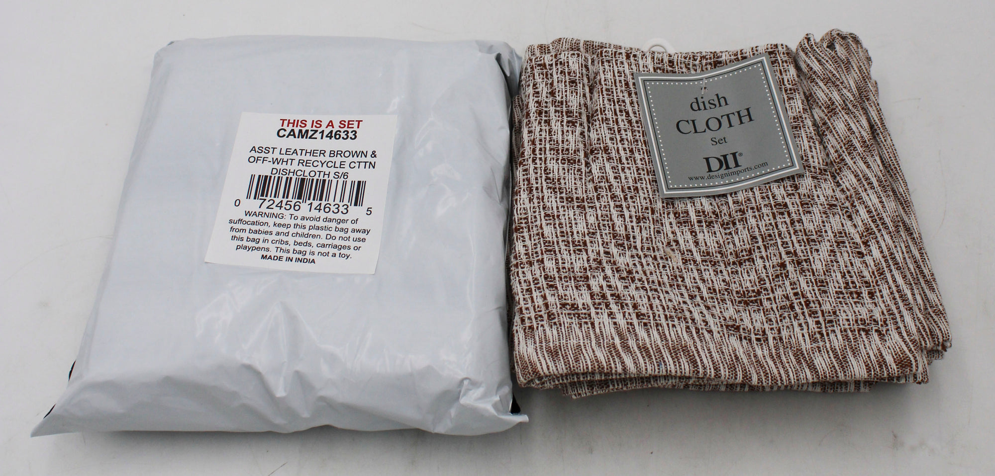 6CT DISHCLOTH SET- LEATHER BROWN/OFF-WHITE ASST RECYCLED COTTON