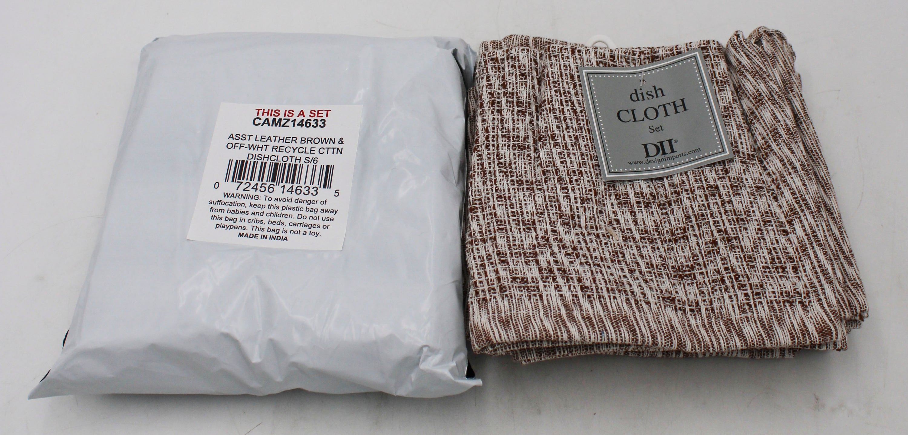 6CT DISHCLOTH SET- LEATHER BROWN/OFF-WHITE ASST RECYCLED COTTON