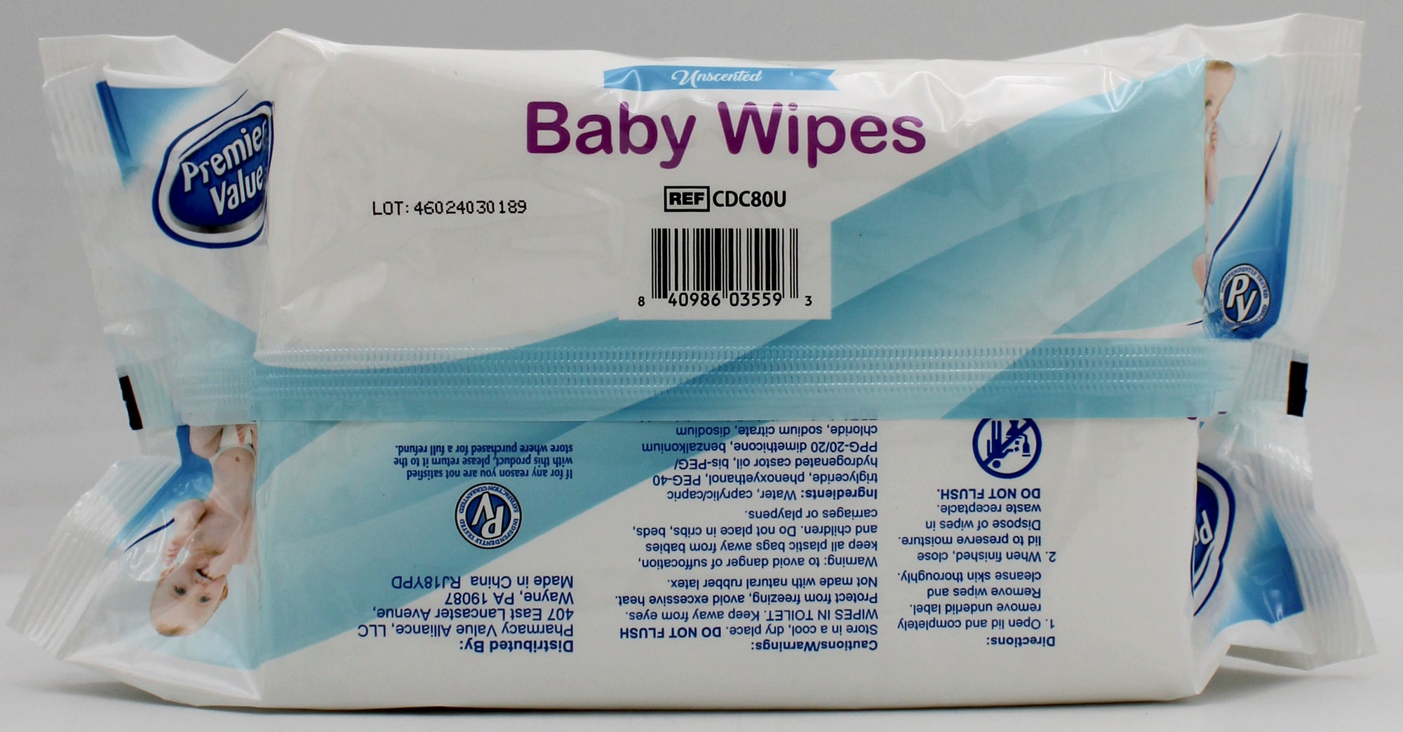 PREMIER VALUE BABY WIPES UNSCENTED 80ct REFILL W/ LID EXP 3/2026 NI
