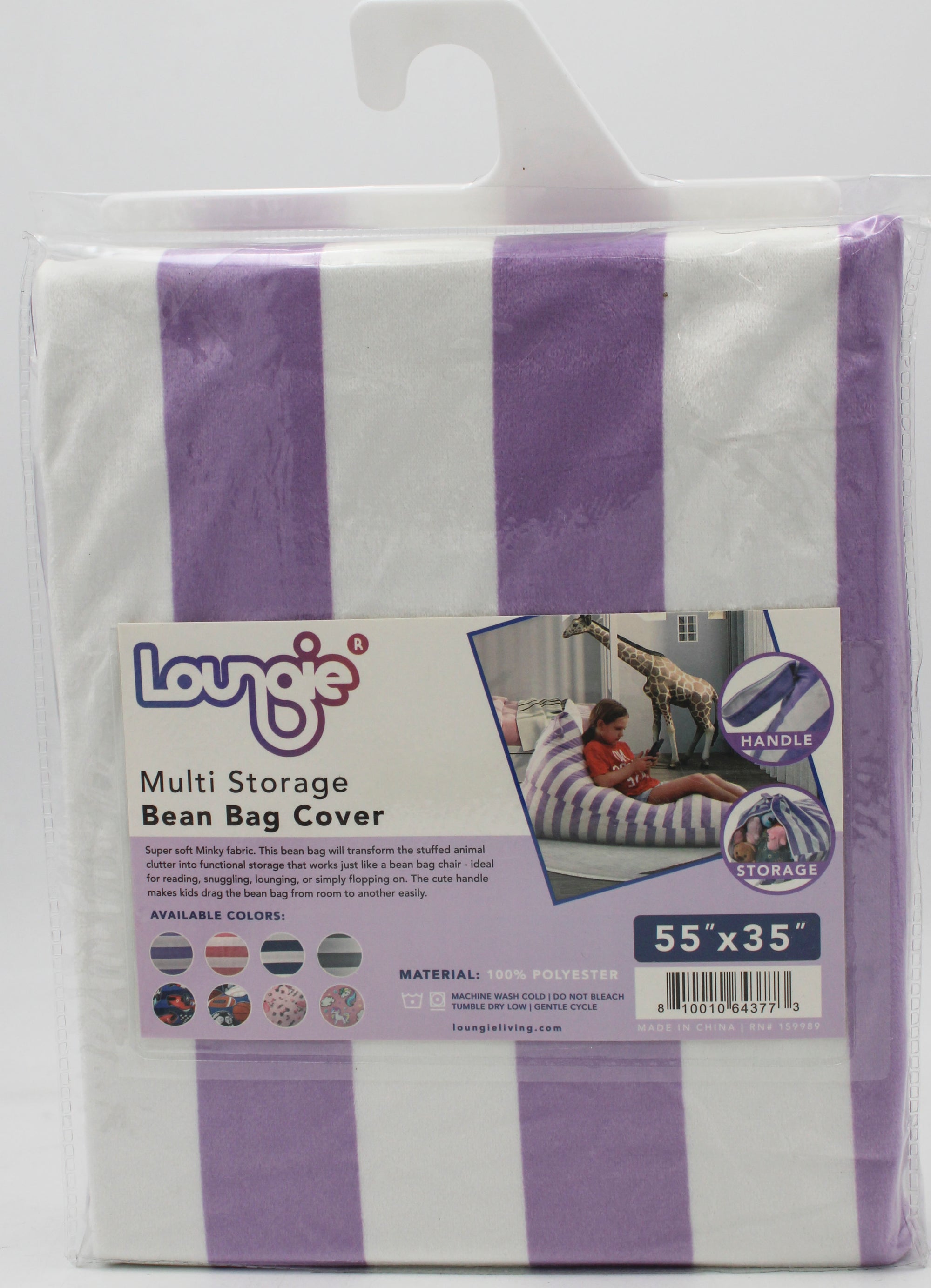 Stuffed Animal Storage Beanbag Cover - 55" Extra Large Bean Bag Chair, Stripe Lavender by Loungie