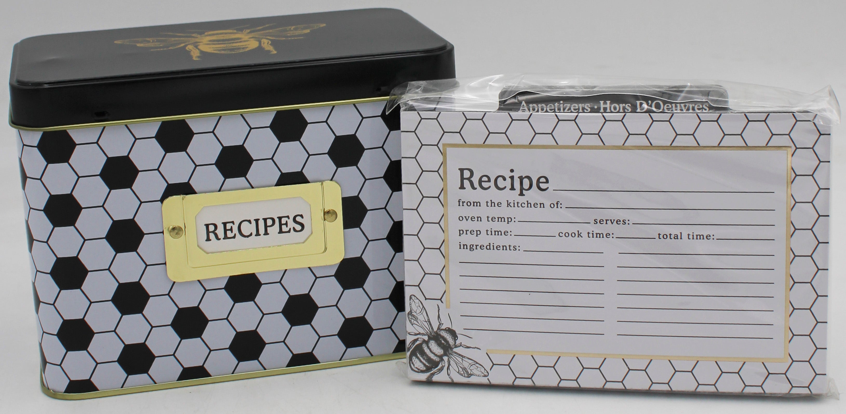 CR GIBSON HONEYCOMB HIVE RECIPE TIN W/ 12 DIVIDERS & 40 RECIPE CARDS'