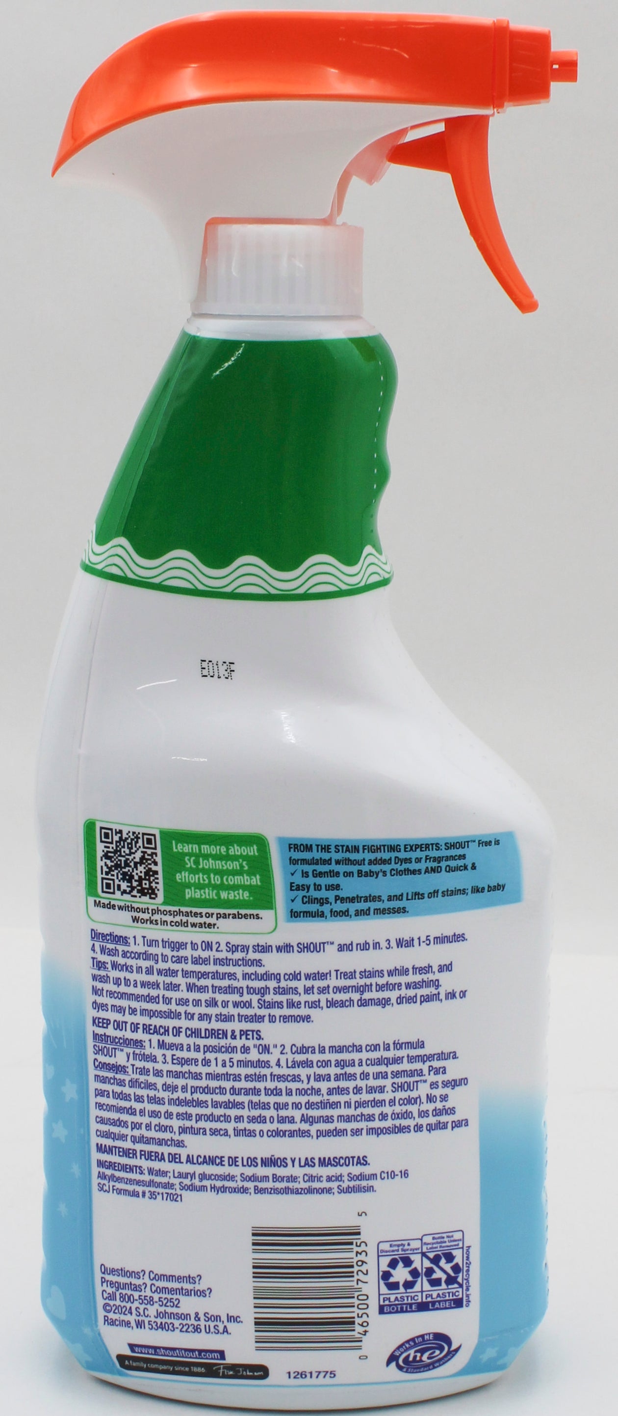 SP SHOUT LAUNDRY STAIN REMOVER FREE FROM DYES, FRAGANCES & BLEACH 22FL oz