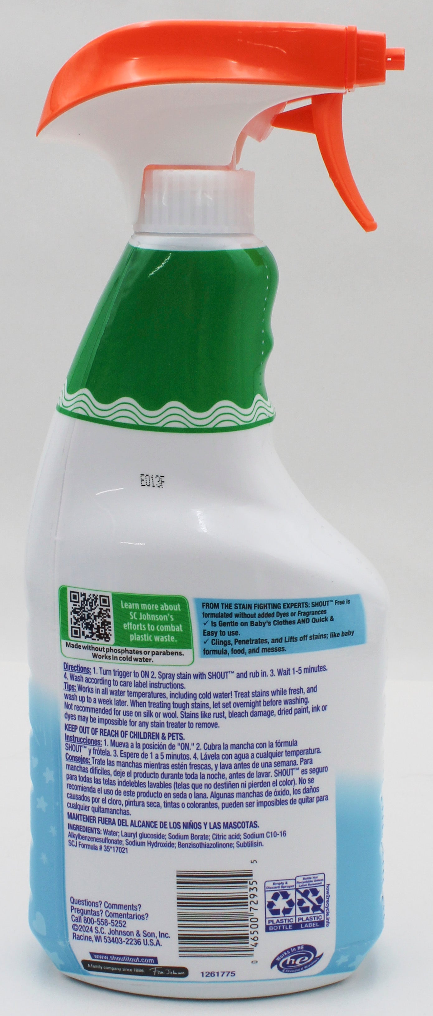 SP SHOUT LAUNDRY STAIN REMOVER FREE FROM DYES, FRAGANCES & BLEACH 22FL oz