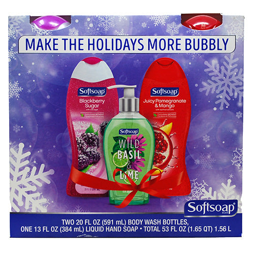 SOFTSOAP GIFT PACK 2-20fl oz BODY WASH-BLKBRY SUGAR/POM&MNGO 1 13fl oz HAND SOAP-BASIL&LIME NI