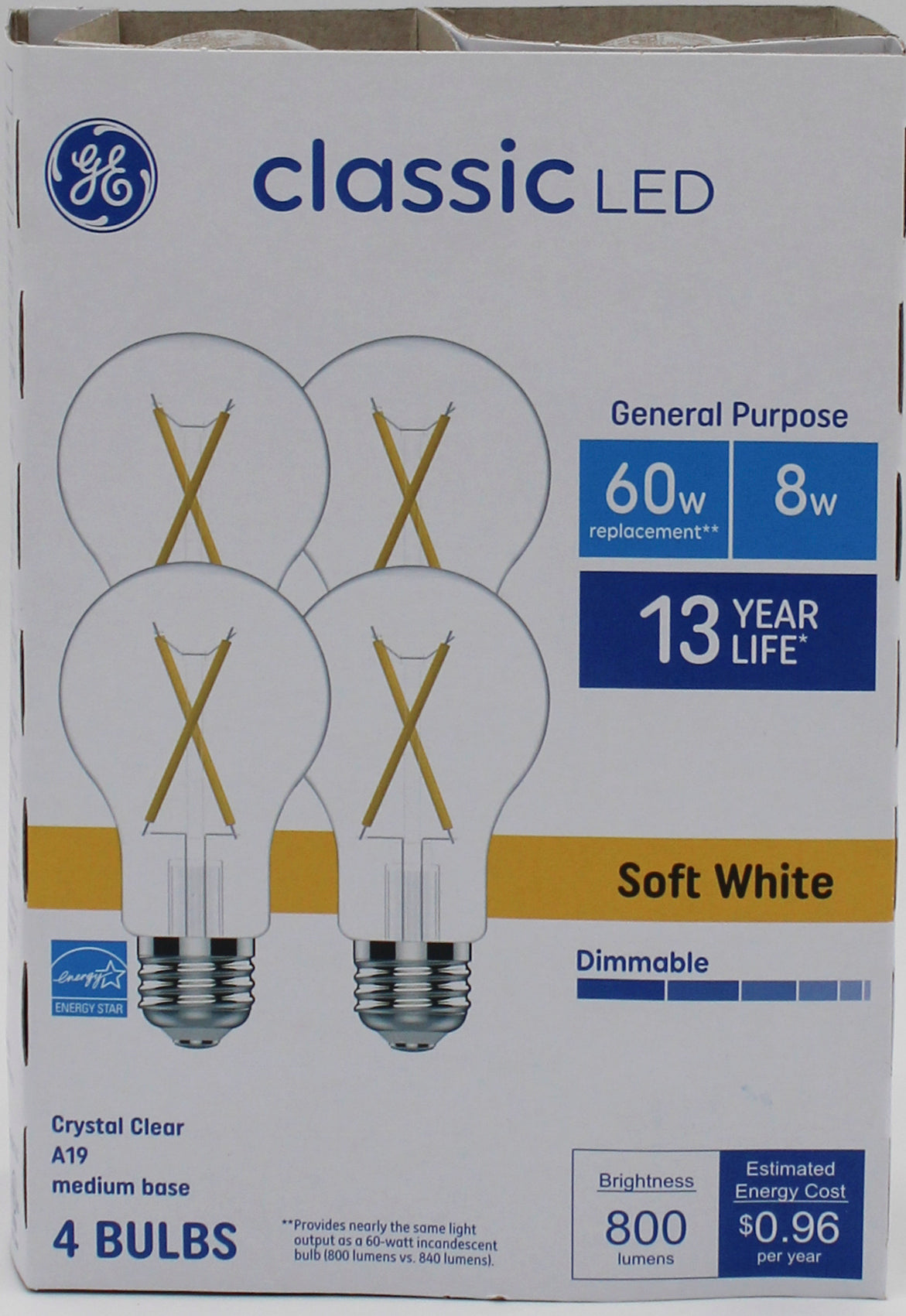 GE CLASSIC SOFT WHITE 60W REPLACEMENT LED CLEAR INDOOR GENERAL PURPOSE A19 LIGHT BULBS 4CT