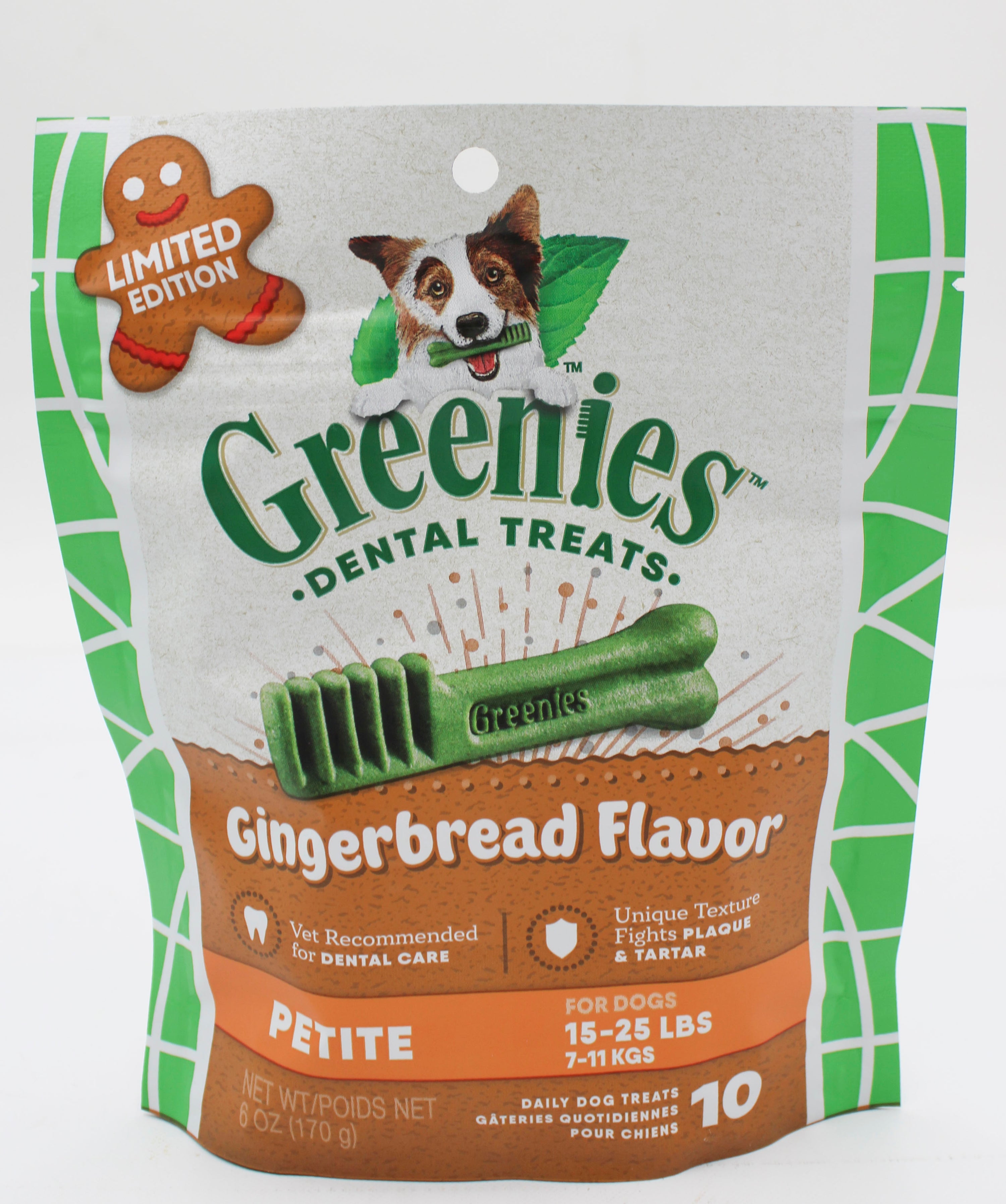 GREENIES GINGERBREAD FLAVOR PETITE  SIZE DENTAL CARE DOG TREAT CHEWS 6 OZ (10 PK) BB 1/31/2027