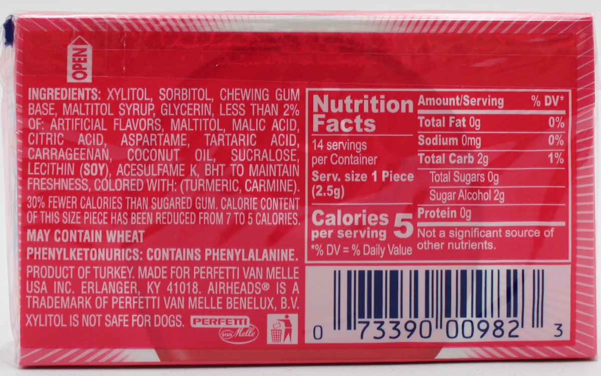 AIRHEADS SUGAR-FREE CHEWING GUM, RASPBERRY LEMONADE, 14-PIECE PACK BB 6/30/27 NI