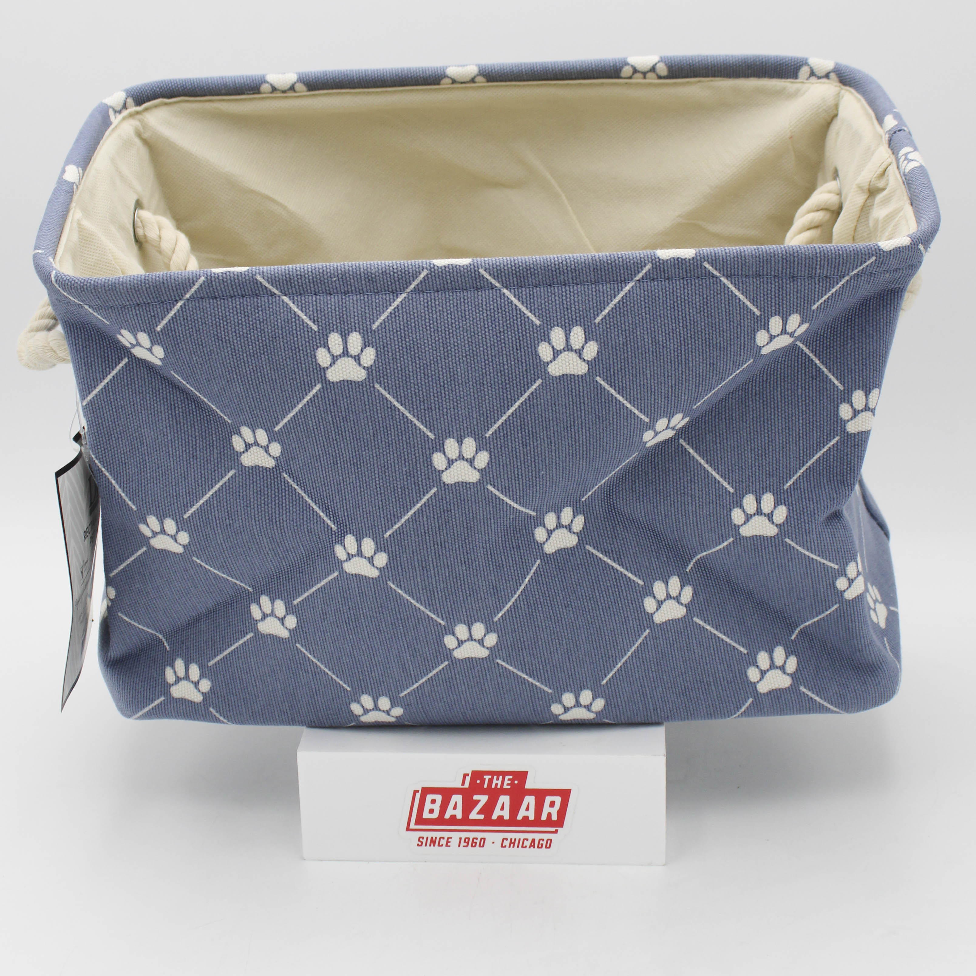 POLYESTER PET BIN TRELLIS PAW STONEWASH BLUE RECTANGLE SMALL 14x8x9