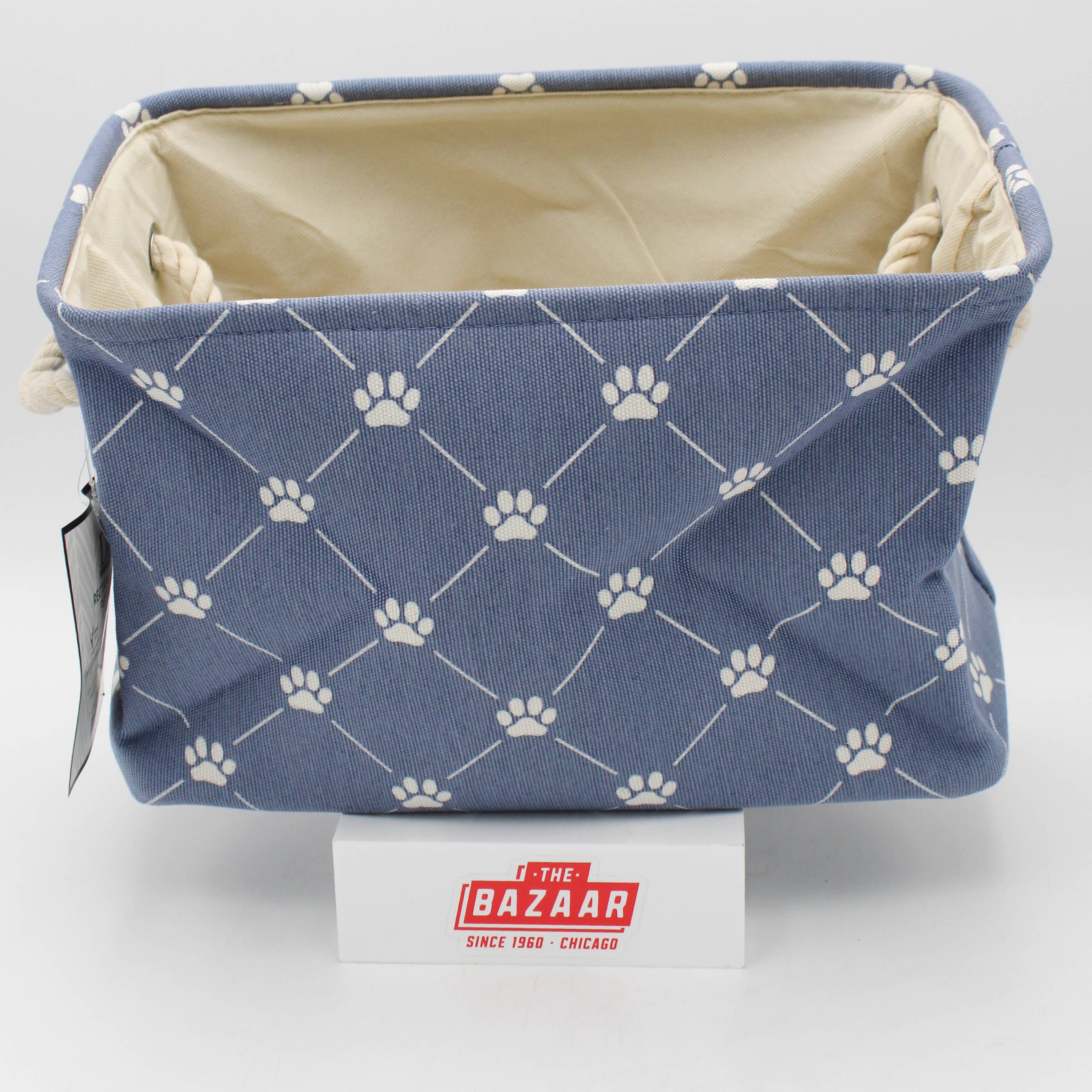 POLYESTER PET BIN TRELLIS PAW STONEWASH BLUE RECTANGLE SMALL 14x8x9