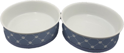 PET BOWL STONEWASH  LARGE 7.5Dx2.4H TRELLIS PAW BLUE