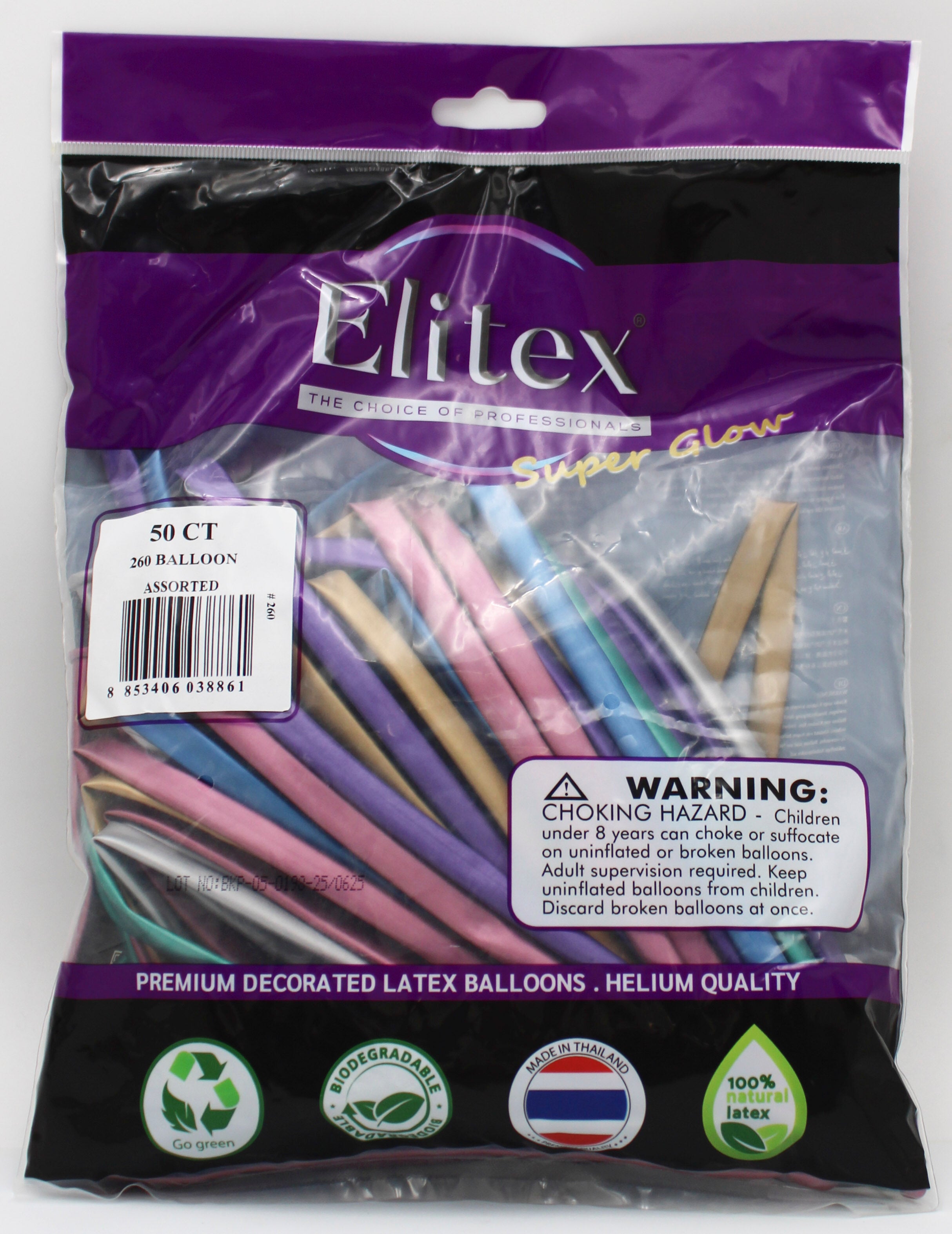ELITEX 260" SUPERGLOW ASSORTED MODELLING BALLOON, 50 PACK