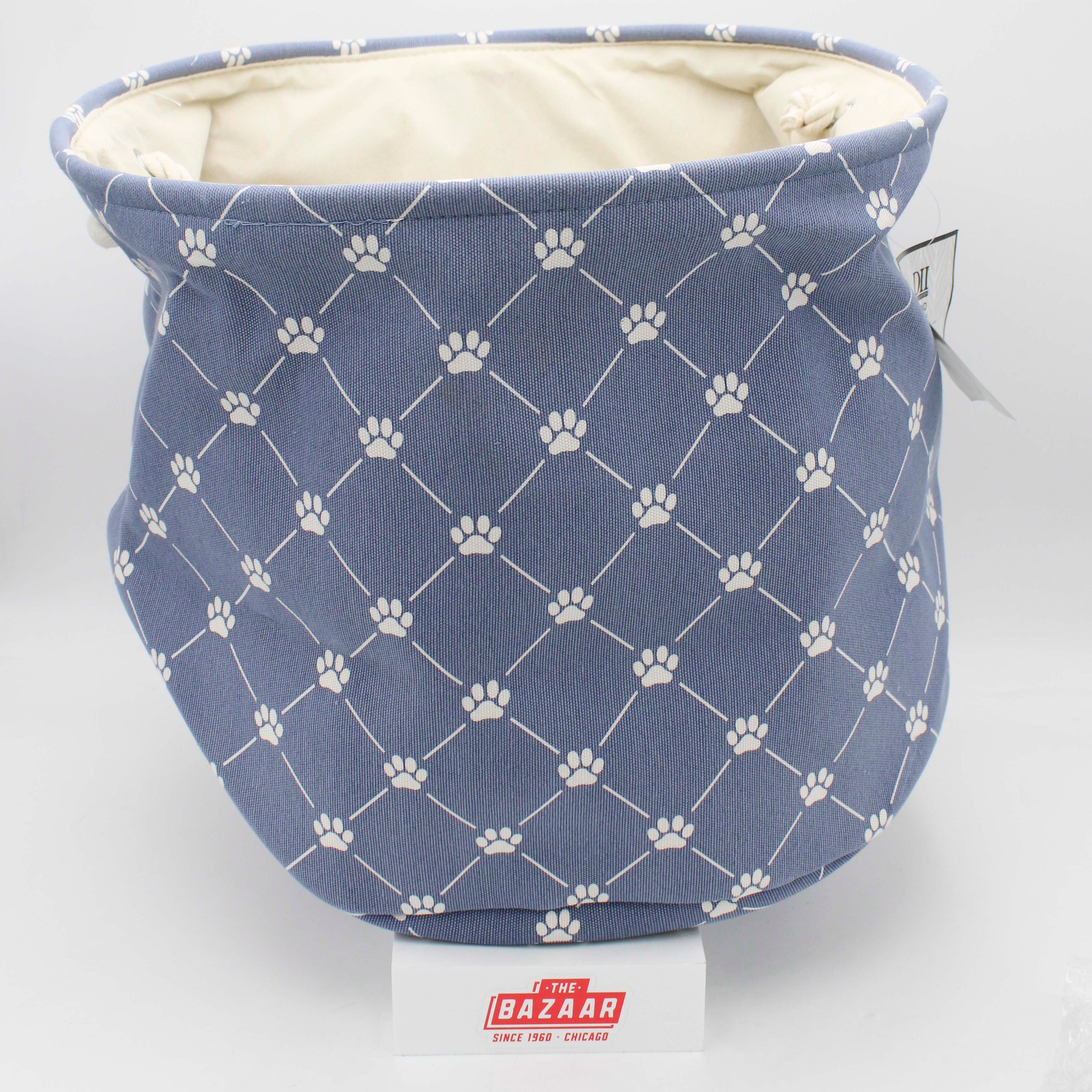 POLYESTER PET BIN TRELLIS PAW STONEWASH BLUE ROUND LARGE 15x18x18
