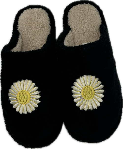 DAISY SLIPPER PLUSH UPPER WITH NON-SLIP RUBBER SOLES  1PAIR LARGE (9-10) BLACK