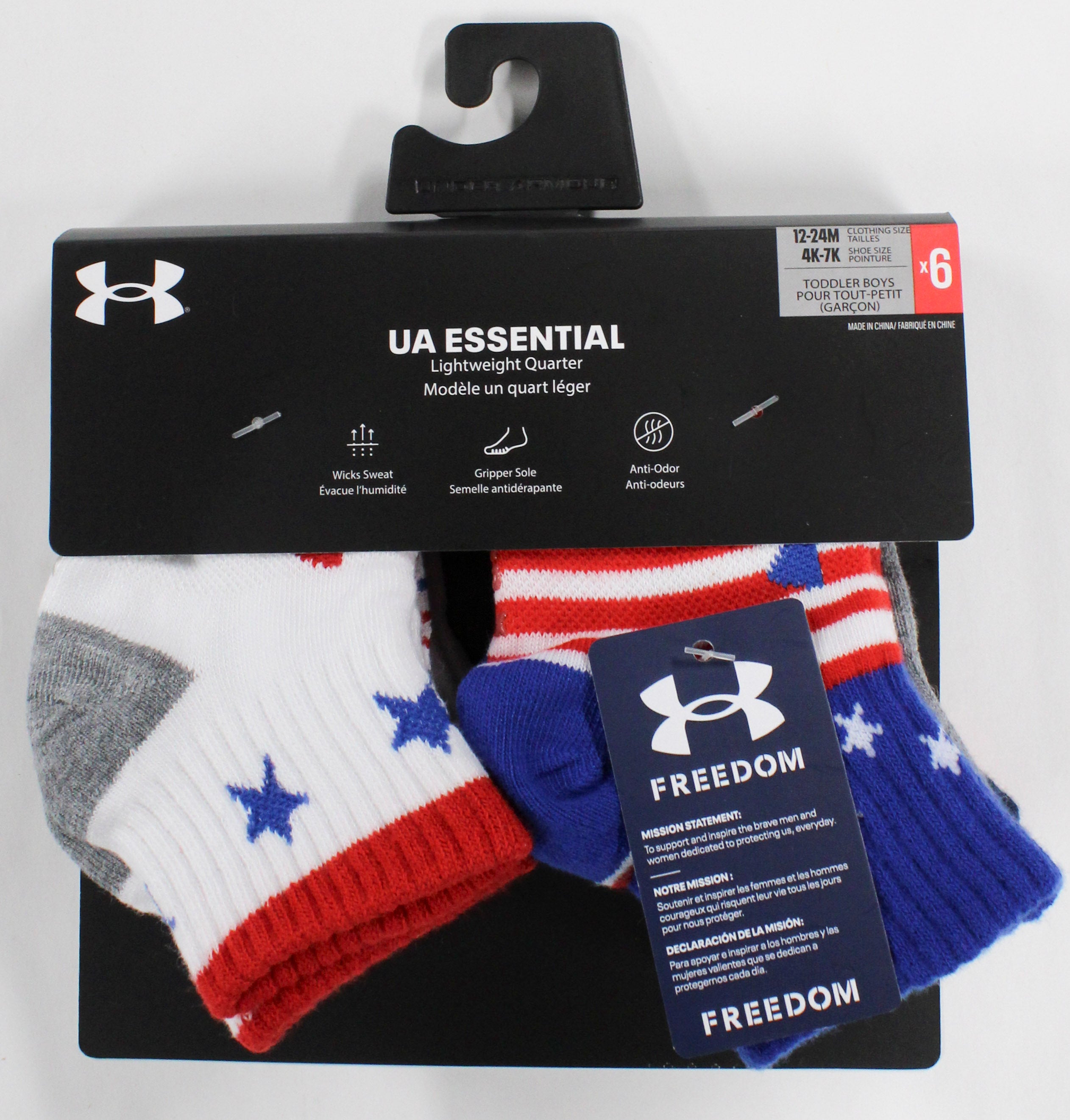 6pk 12-24m BOYS STARS & STRIPES ESSENTIALS QTR SOCKS PP $15.00