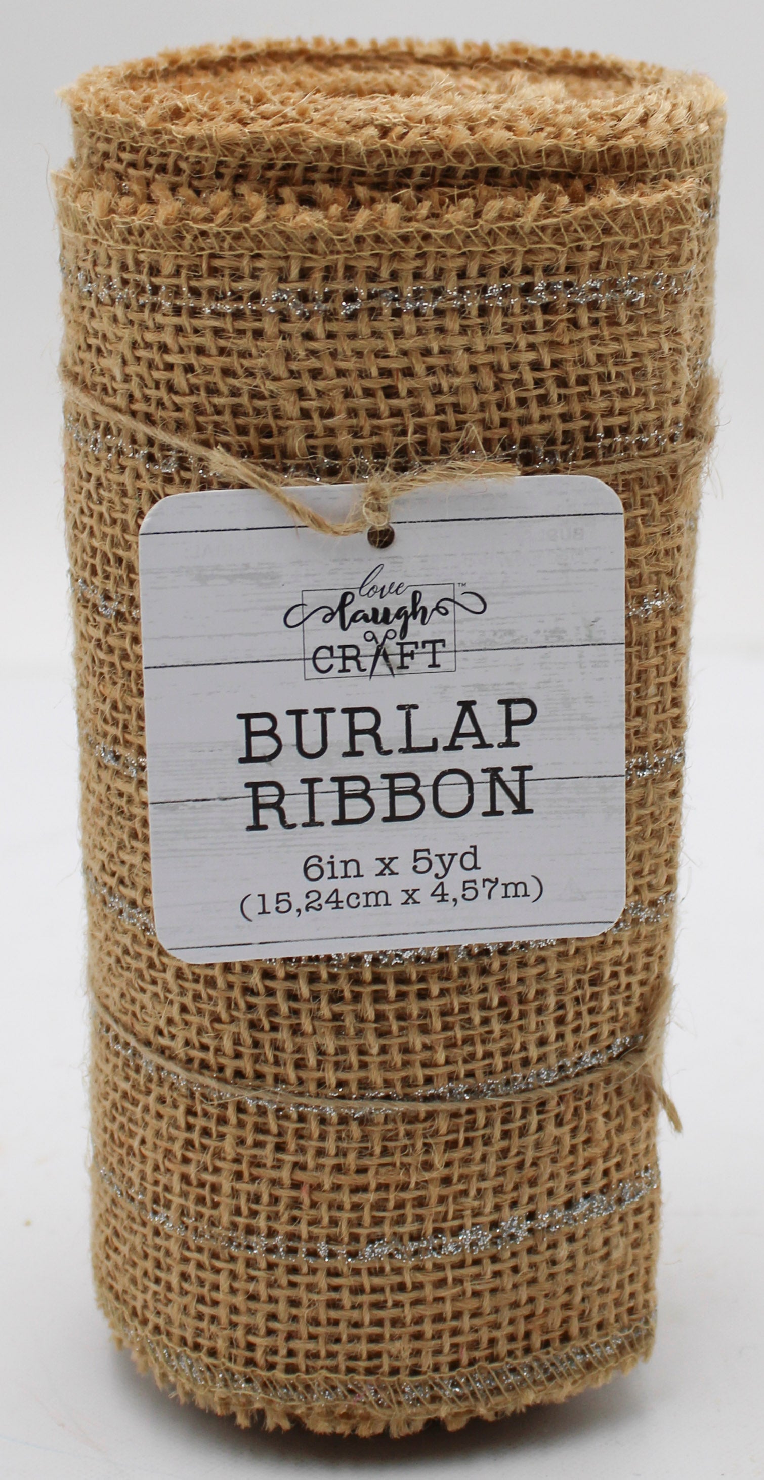 6 IN X 5 YD BURLAP RIBBON - NATURAL SILVER STRIPE GLITTER