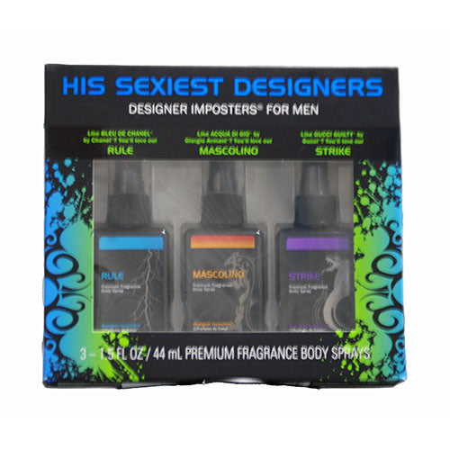 HIS SEXIEST DESIGNERS 3-1.5OZ BODY SPRAY FOR MEN (RULE, MASCOLINO, STRIKE)