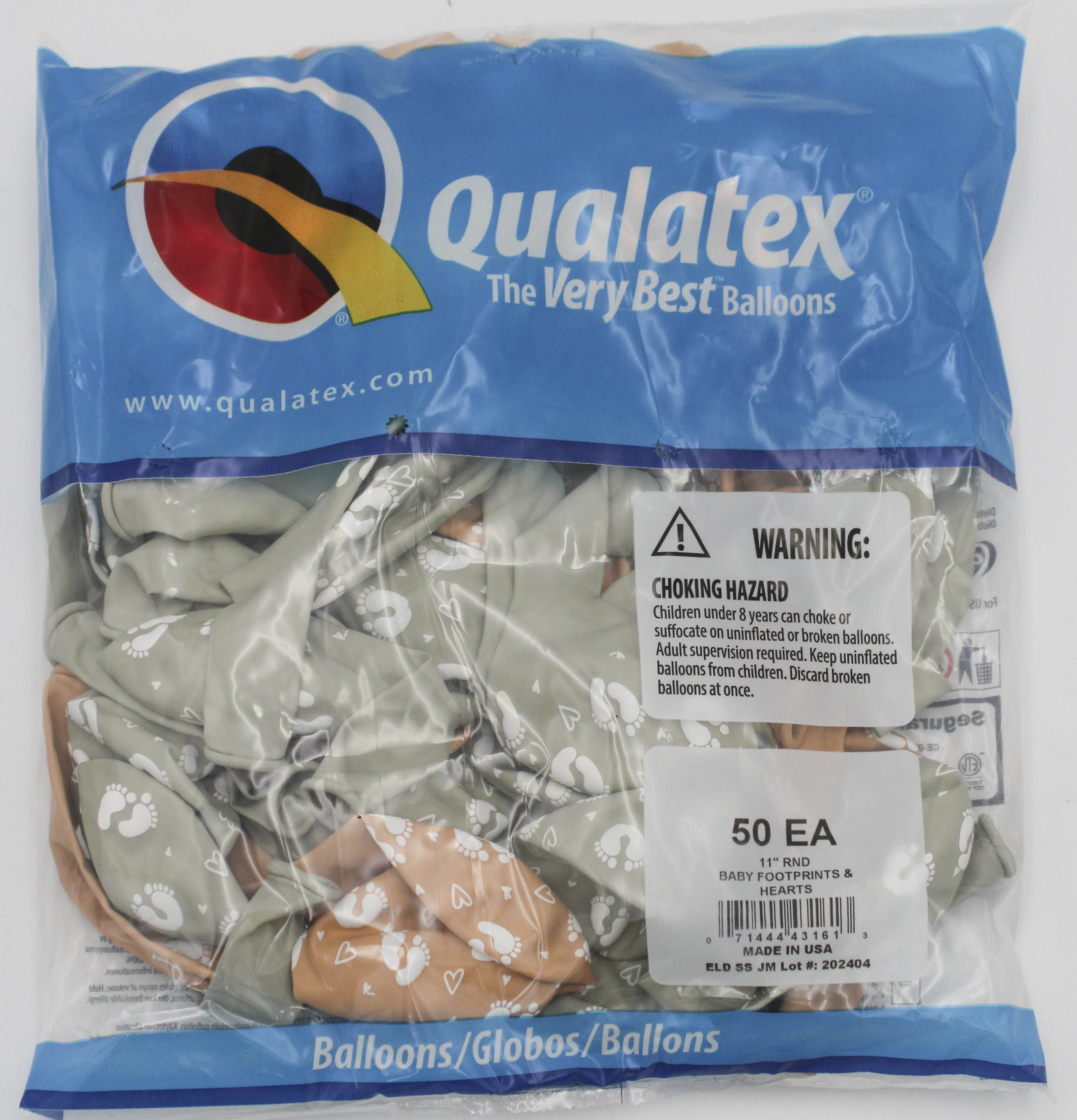 QX 11" Round Latex Balloons Baby Footprints & Hearts 50ct