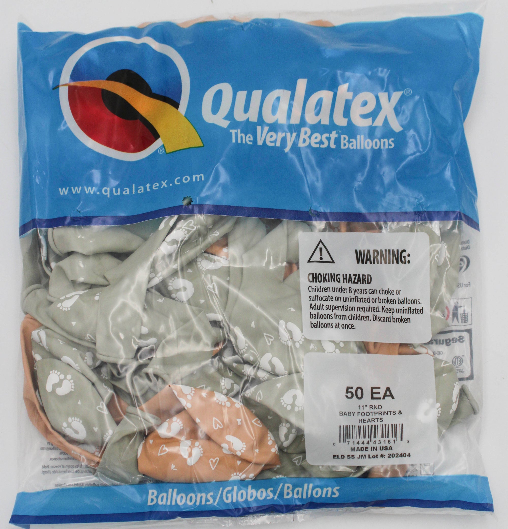 11" ROUND QX LATEX  BALLOON 50CT BABY FOOTPRINTS & HEARTS