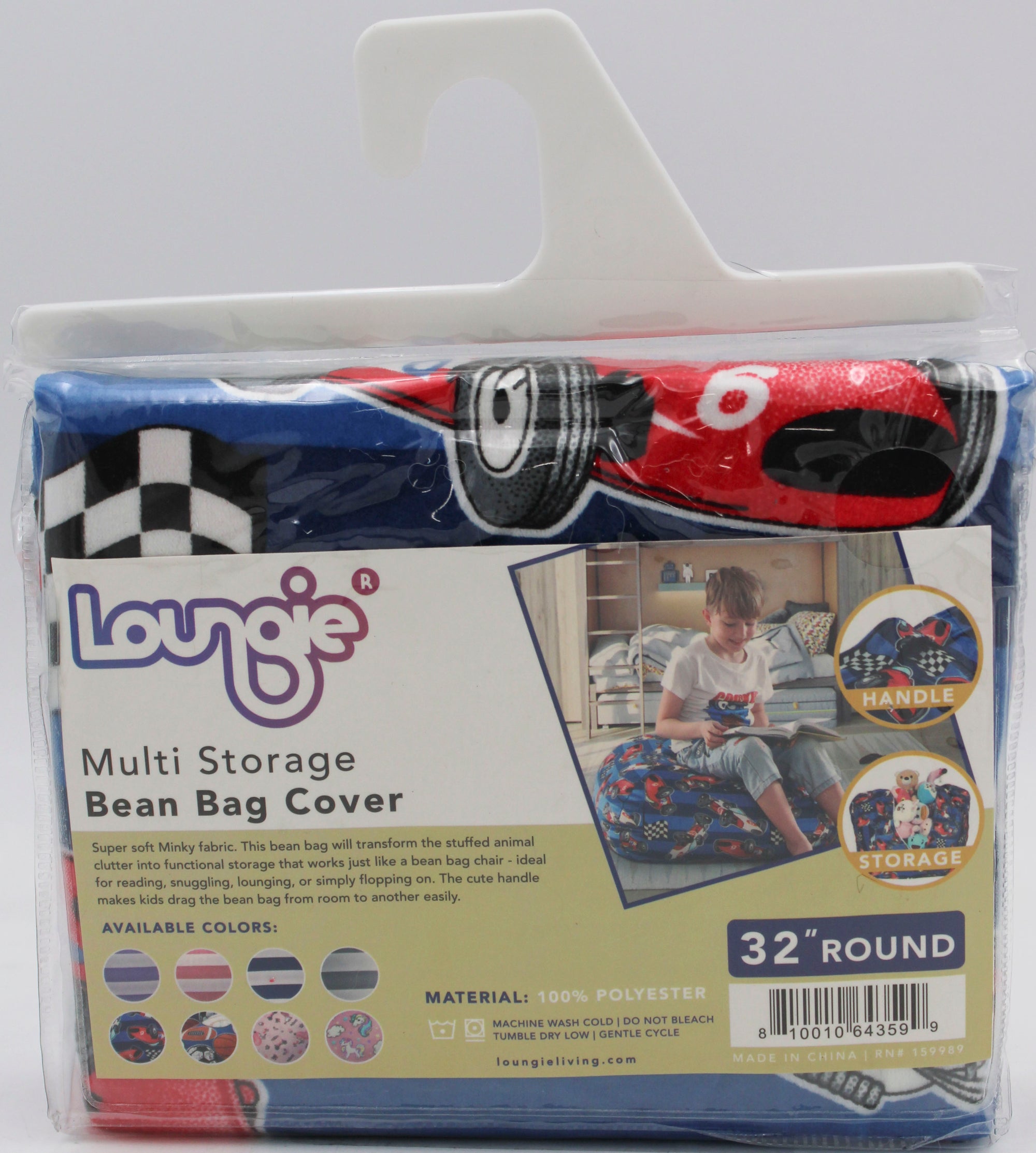 Loungie Stuffed Animal Storage Bean Bag - Stuffable Zipper Bean Bag Cover 32" x 32", Racecar Blue