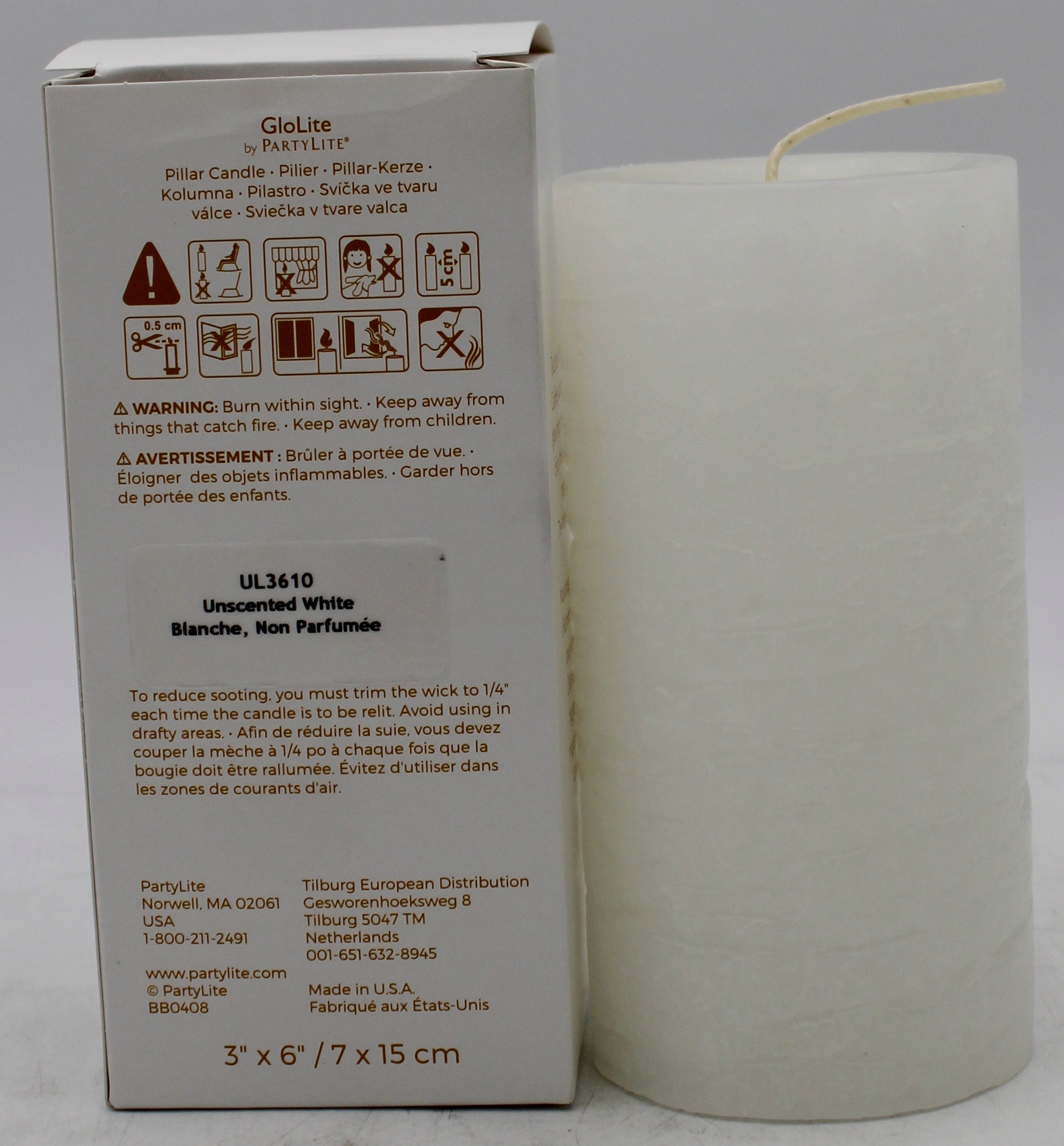 PARTYLITE GLOLITE WHITE UNSCENTED PILLAR CANDLE 3"D x 6"H