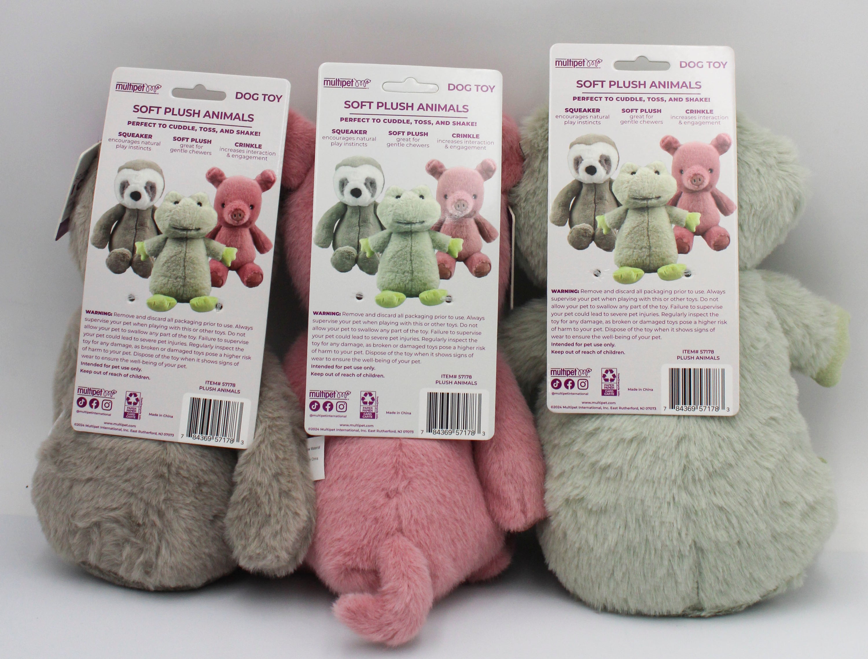 MULTIPET SLOTH FROG & PIG DOG TOY - 12"