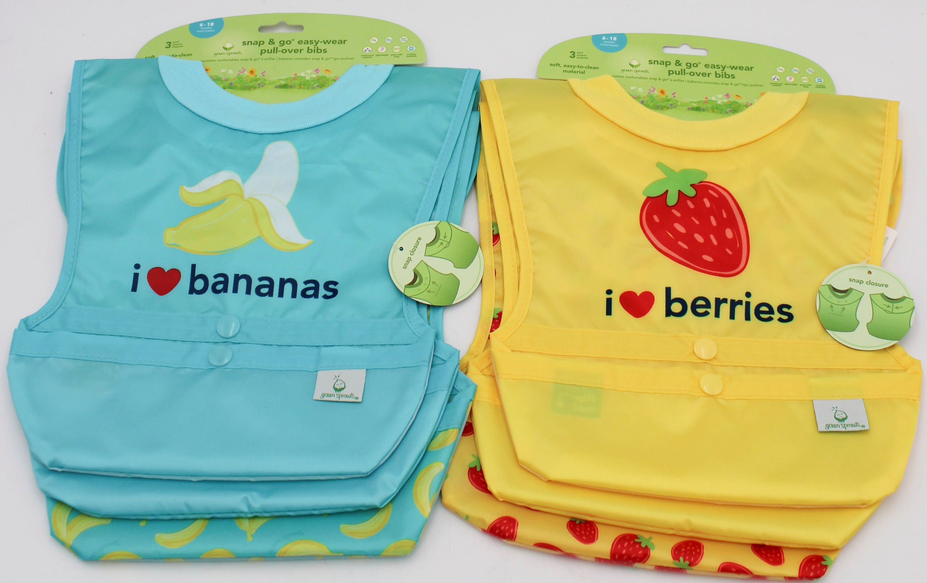 O2COOL 3PK SNAP & GO EASY-WEAR PULL-OVER BIB -YELLOW BERRIES & AQUA BANANAS  6MO-3T NI