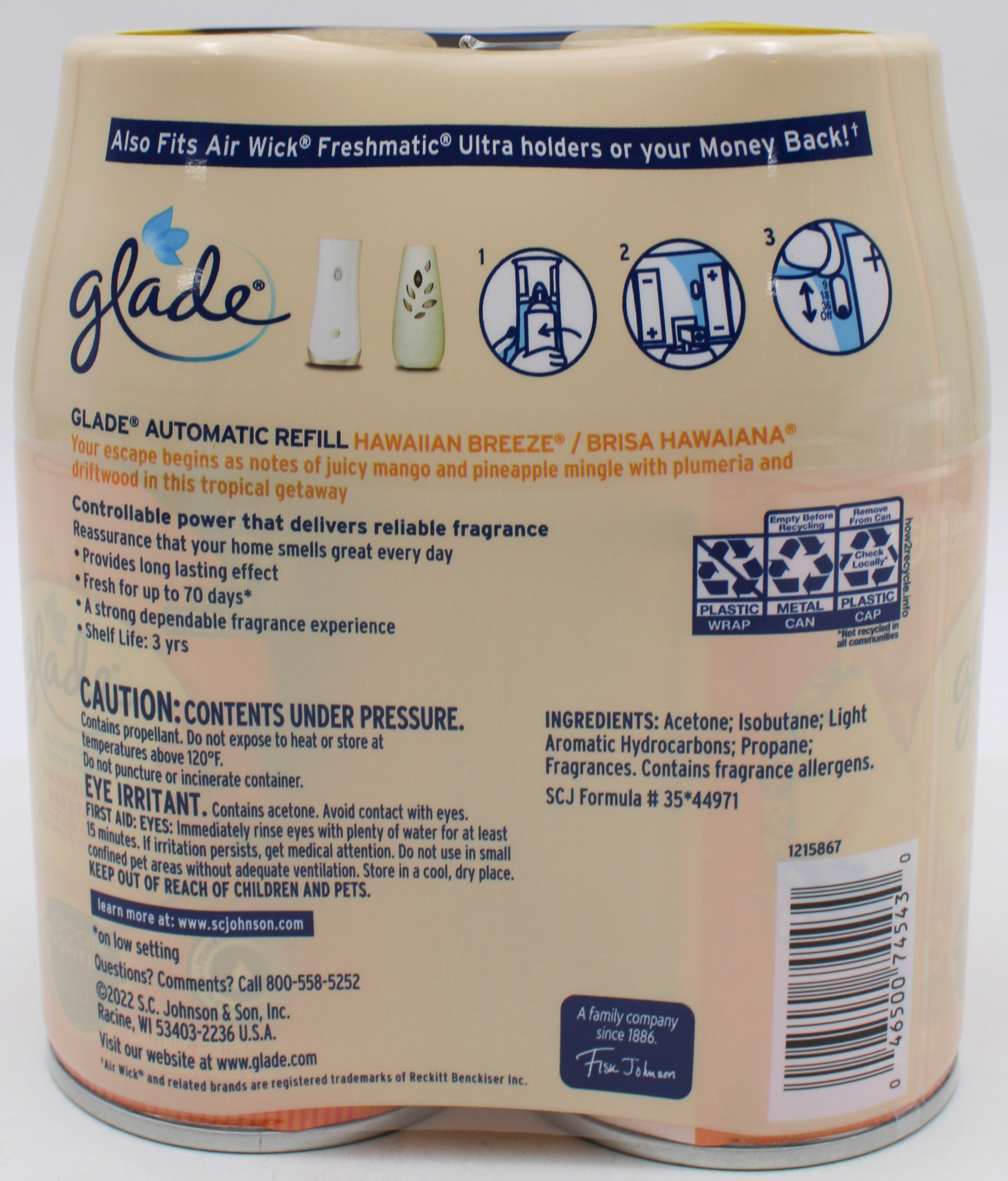 GLADE AUTOMATIC SPRAY HAWAIIAN BREEZE 2 REFILLS 6.2oz US