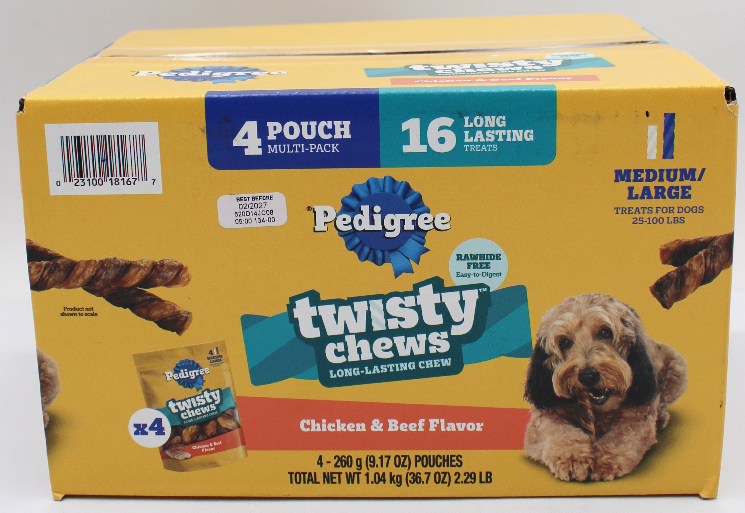 PEDIGREE TWISTY CHEWS MEDIUM/LARGE DOG TREATS CHICKEN & BEEF FLAVOR (4 PK) 9.17 OZ POUCHES BB 2/12/2027