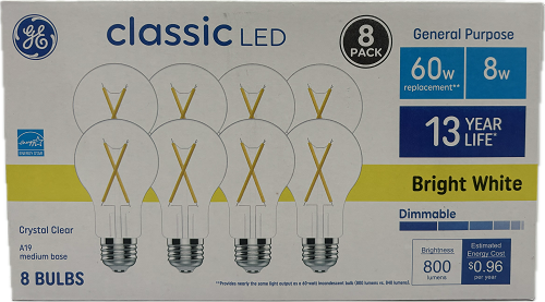GE Classic Bright White A19 60W LED Light Bulbs Clear 8-Pack