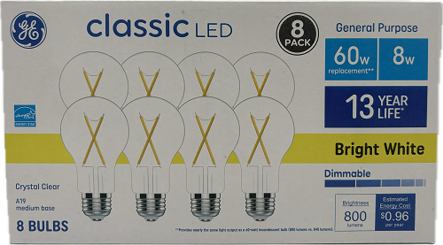 GE CLASSIC BRIGHT WHITE 60W REPLACEMENT LED CLEAR GENERAL PURPOSE A19 LIGHT BULBS (8-Pack)