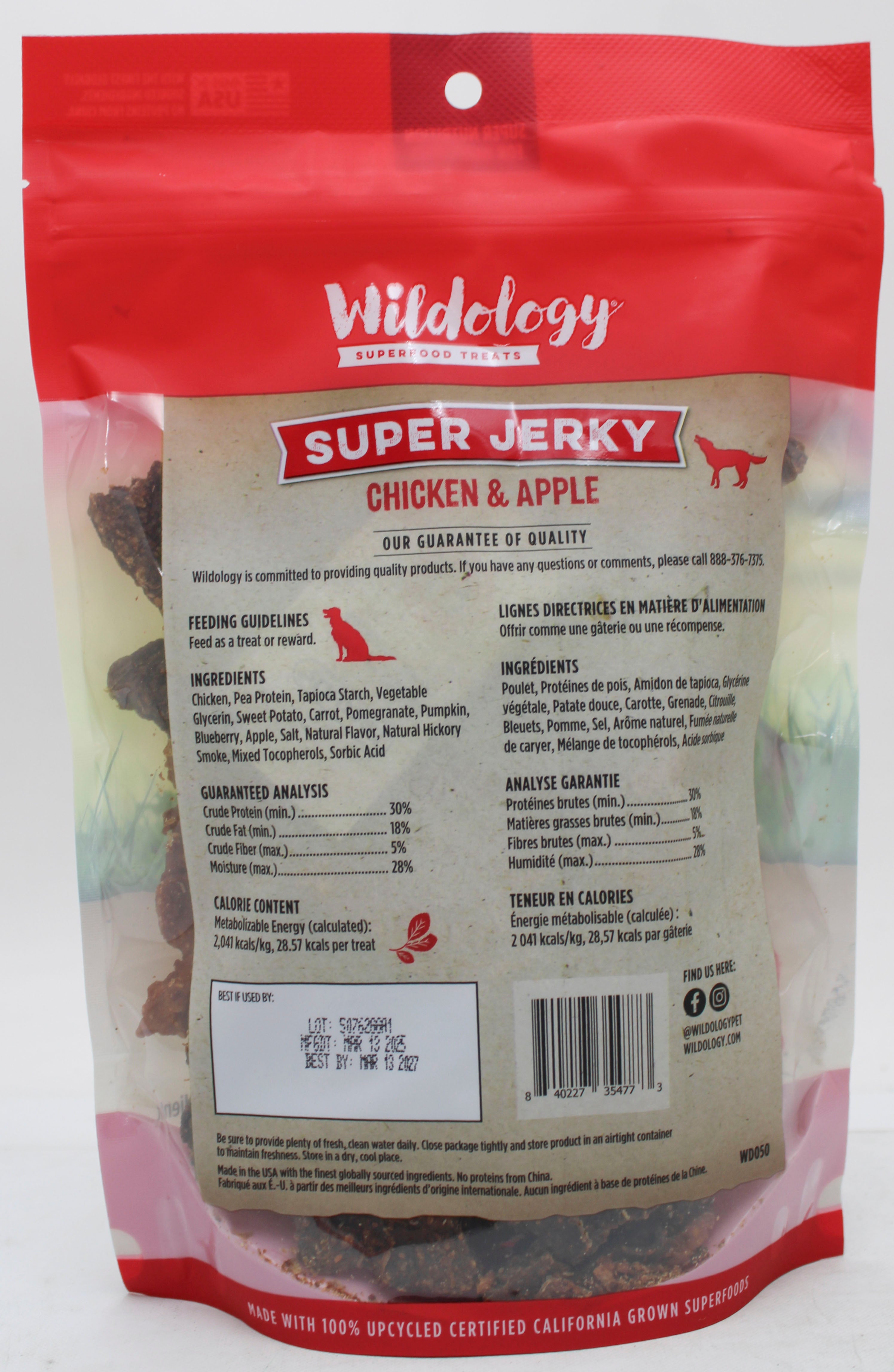 WILDOLOGY DOG JERKY CHICKEN & APPLE FLAVOR 12oz. BB03/13/2027