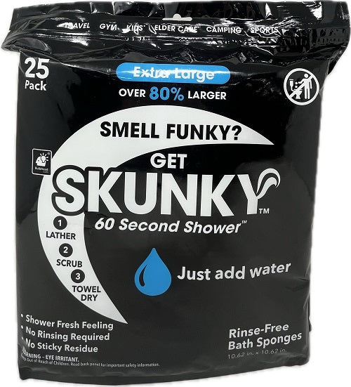 SP SKUNKY DISPOSABLE RINSE-FREE BATHING SPONGE WIPES 25PACK EXTRA LARGE NI