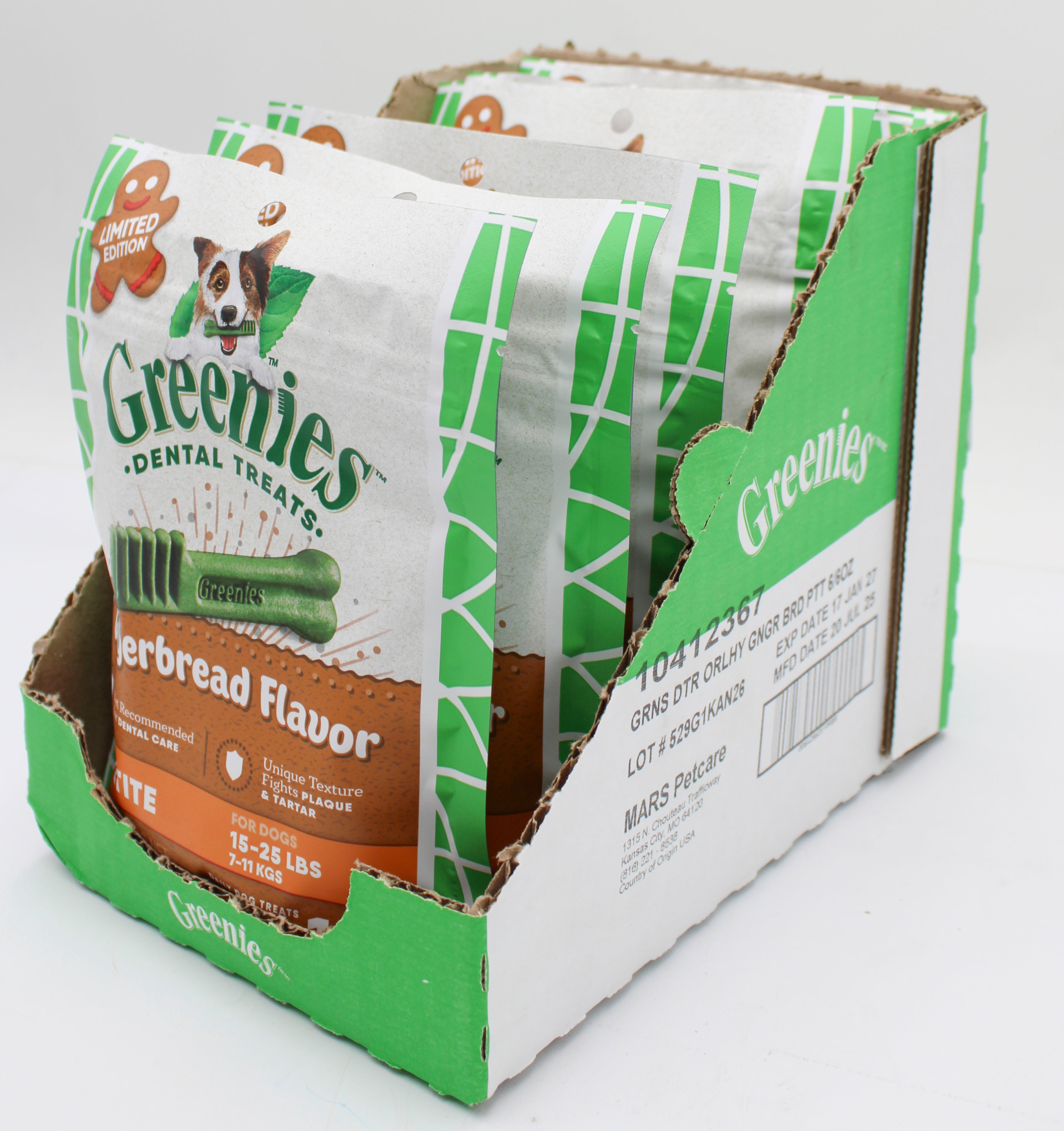 GREENIES GINGERBREAD FLAVOR PETITE  SIZE DENTAL CARE DOG TREAT CHEWS 6 OZ (10 PK) BB 1/31/2027