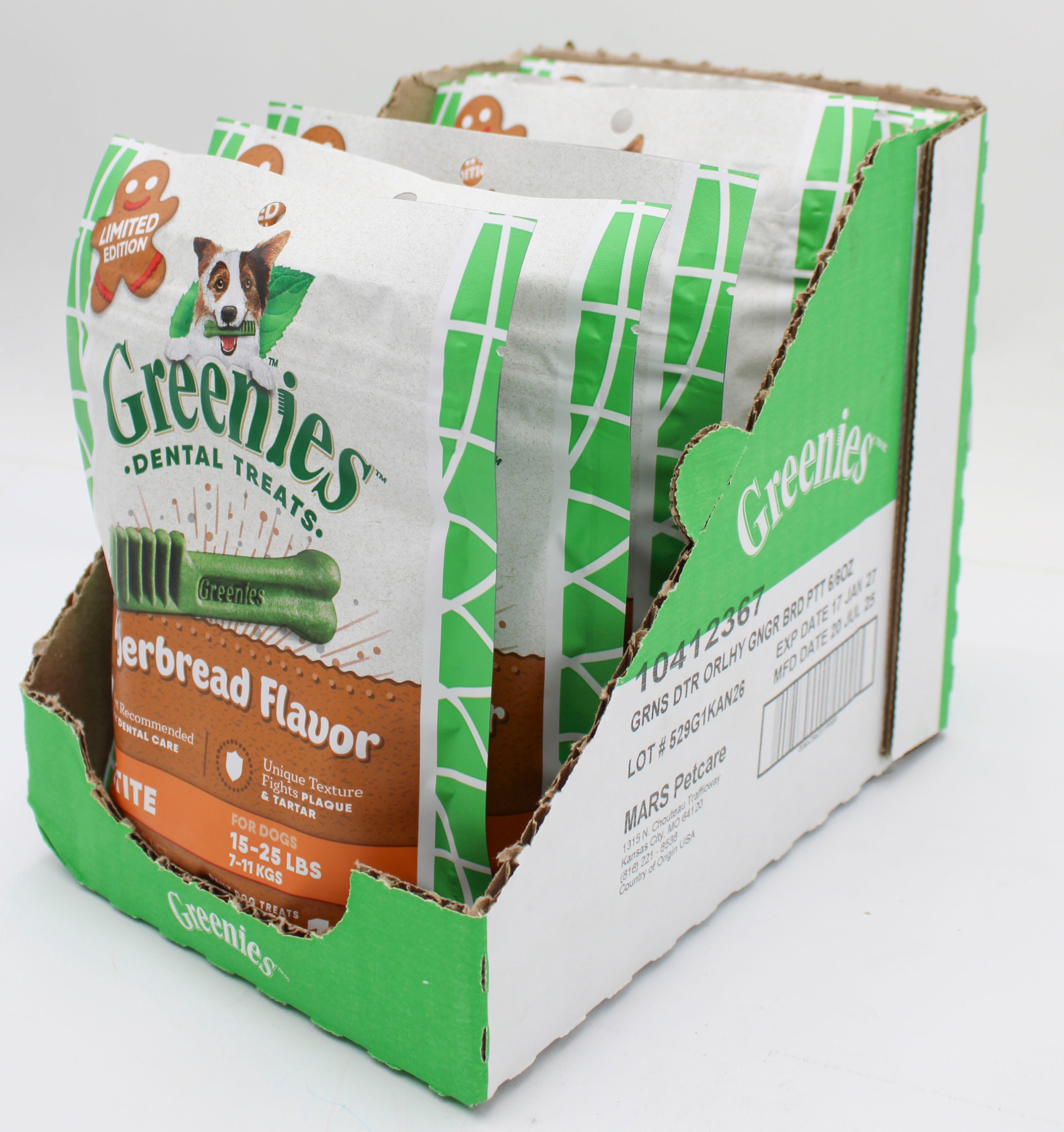 GREENIES GINGERBREAD FLAVOR PETITE  SIZE DENTAL CARE DOG TREAT CHEWS 6 OZ (10 PK) BB 1/31/2027