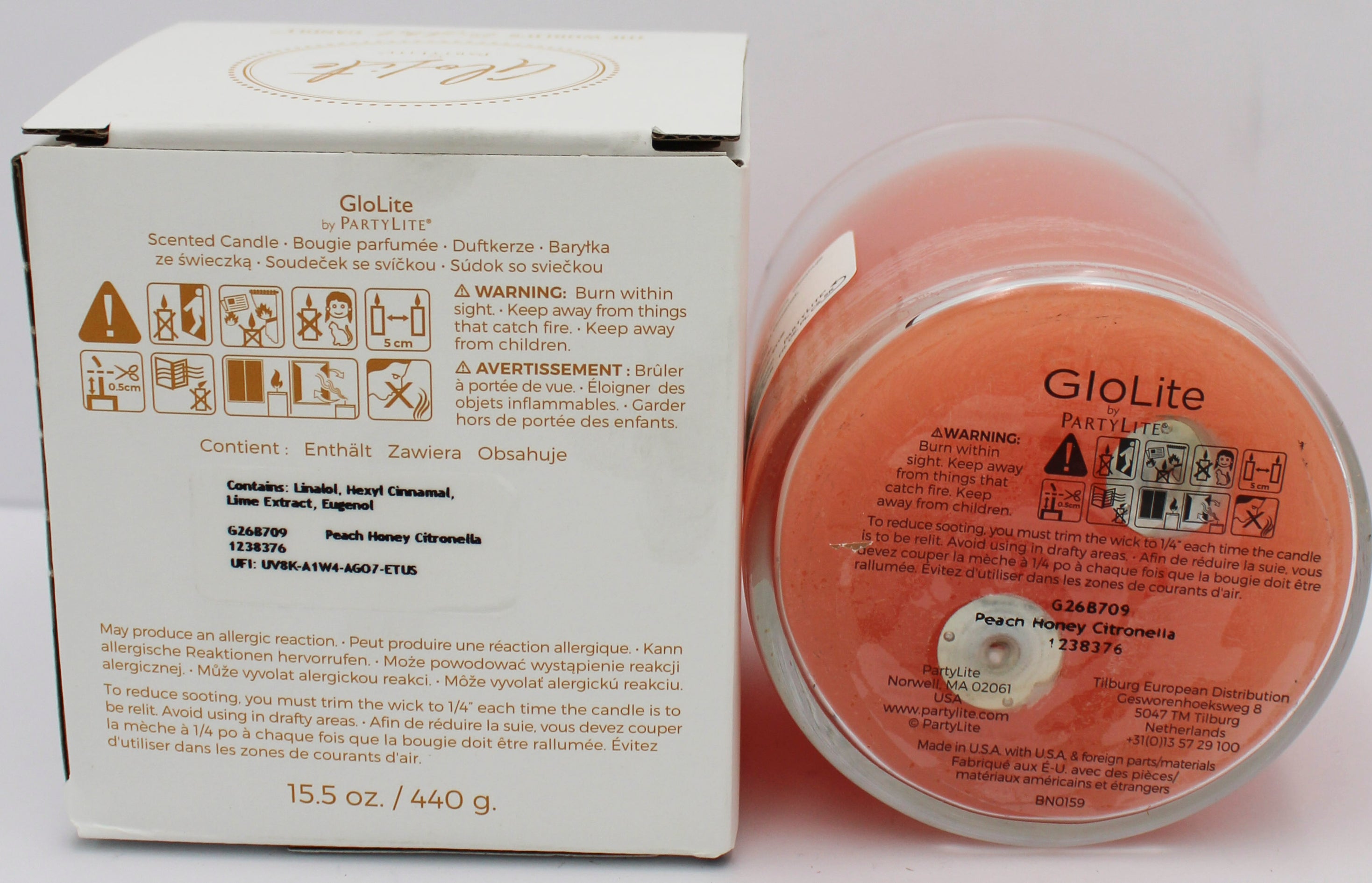 PARTYLITE GLO PEACH HONEY CITRONELLA SCENTED JAR CANDLE 15.5oz