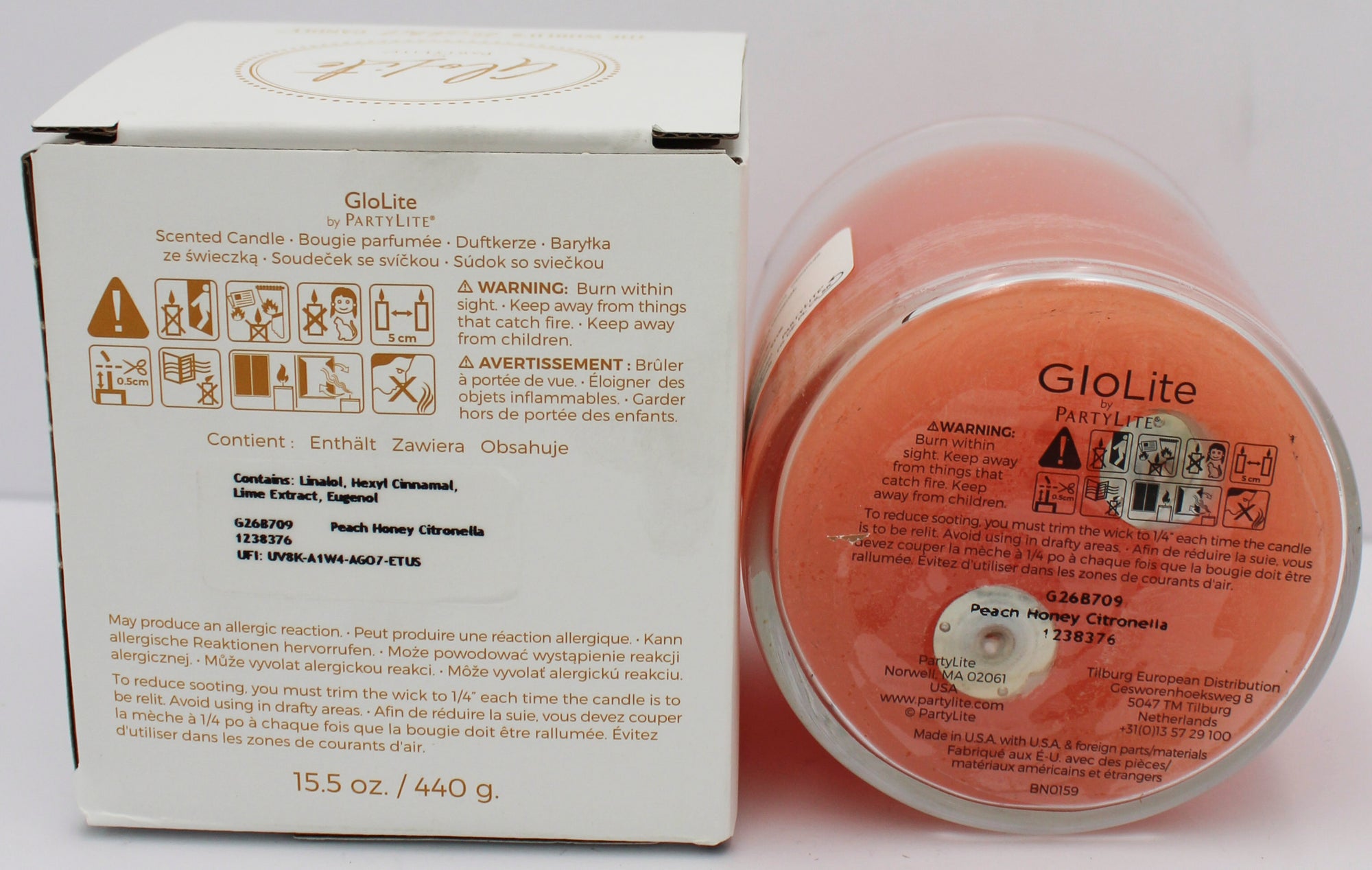 PARTYLITE GLO PEACH HONEY CITRONELLA SCENTED JAR CANDLE 15.5oz