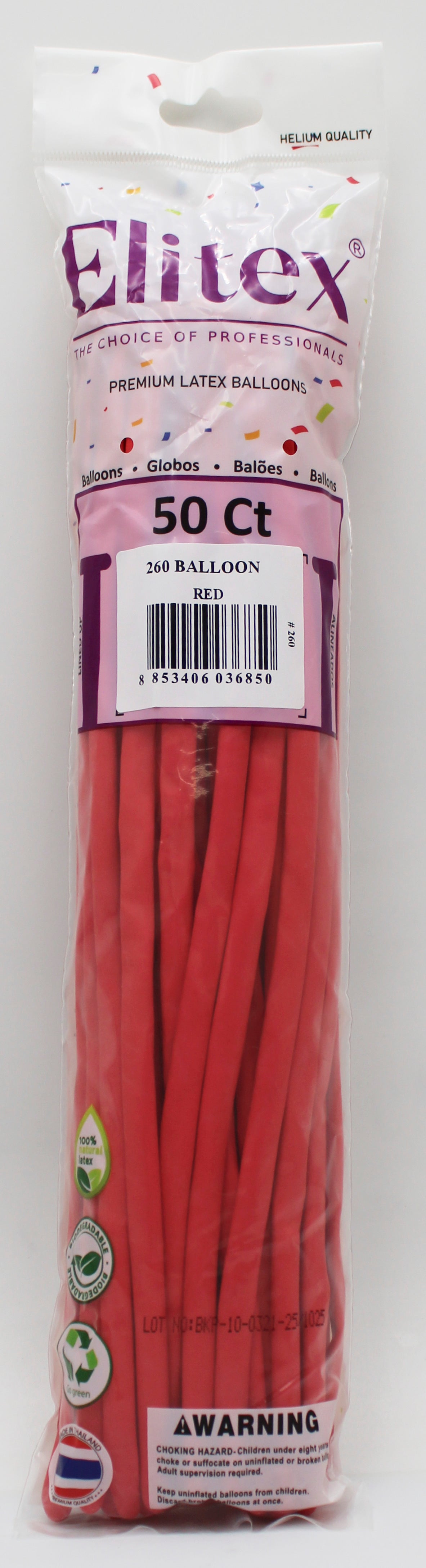 ELITEX 260" RED MODELLING BALLOON, 50 PACK