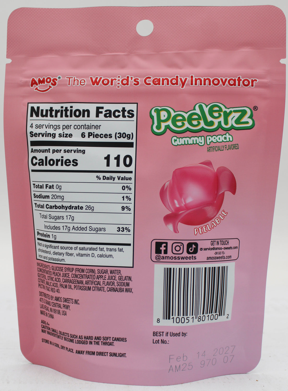 AMOS PEELERZ GUMMY PEACH STANDING BAG 4.25OZ BB 2/14/27