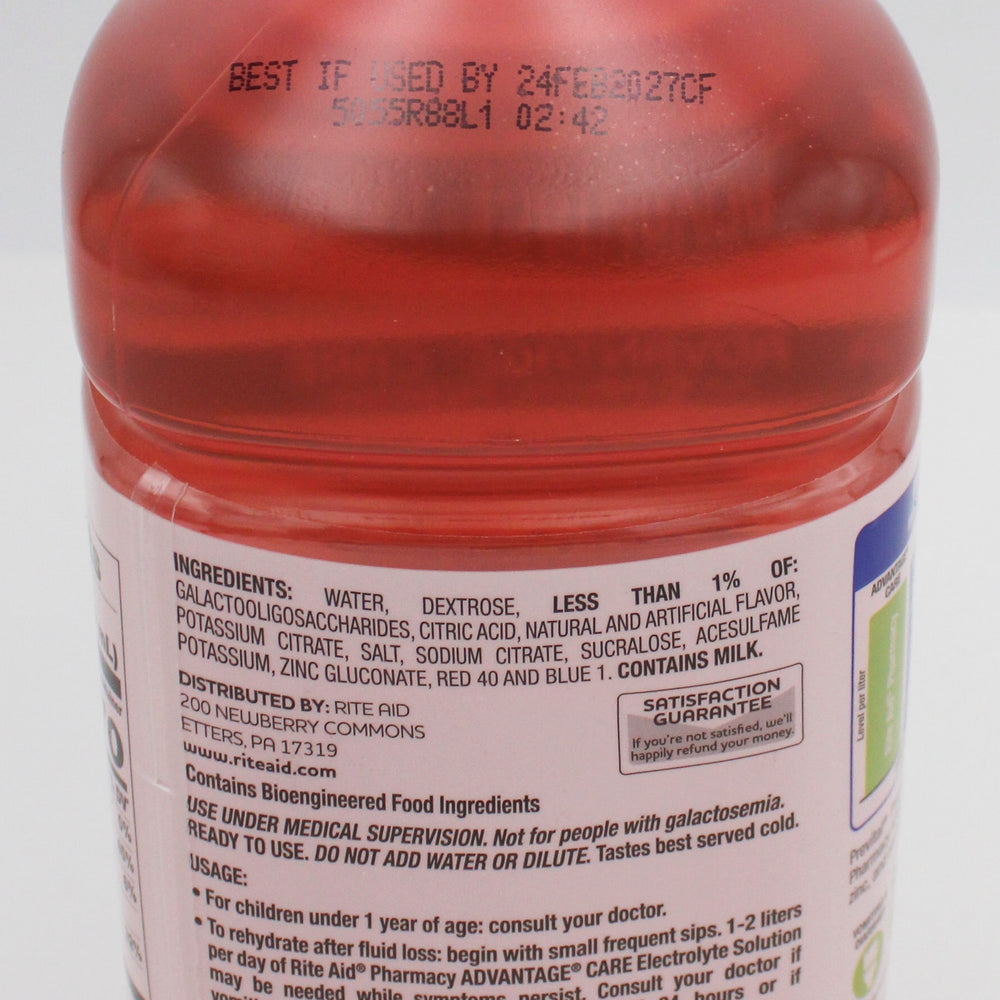 RITE AID PREBIOTIC ELECTROLYTE SOLUTION STRAWBERRY LEMONADE 33.8floz EXP 2/24/2027 COMPARES TO Pediatlye