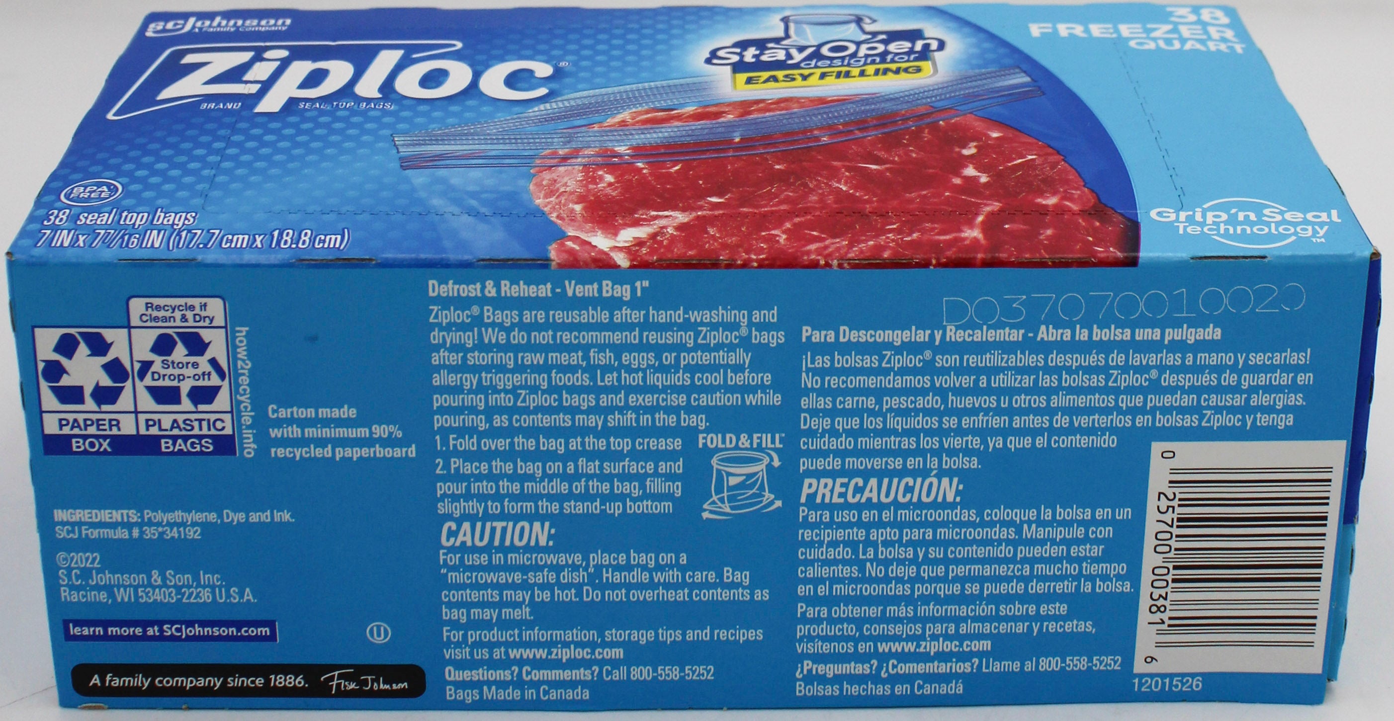 SP ZIPLOC BAG 38CT FREEZER -QUART SIZE