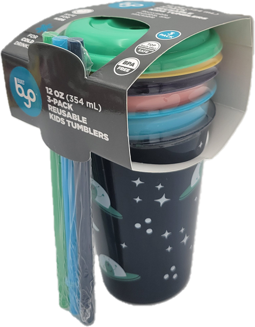 BYO PLASTIC KIDS TUMBLERS 12oz 3ct ASSORTED SET NI