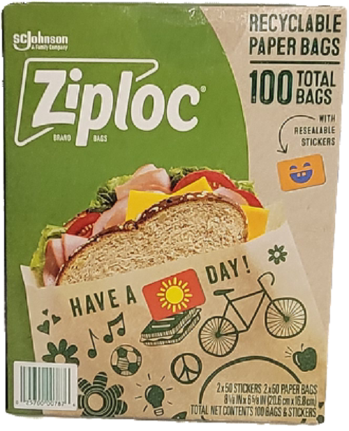 ZIPLOC RECYCLABLE PAPER BAGS 100CT SANDWICH BAGS   8 1/8X6 5/8" PALLET DISPLAY.