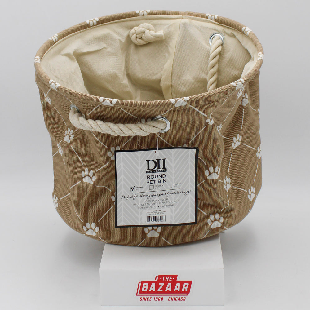 POLYESTER PET BIN TRELLIS PAW TAUPE ROUND SMALL 9x12x12