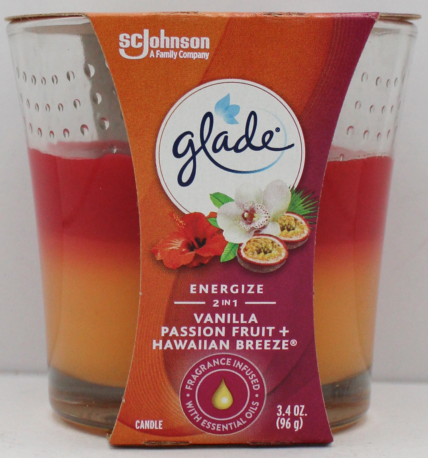GLADE 2 IN 1 CANDLE VANILLA PASSION FRUIT + HAWAIIAN BRREZE 3.4oz